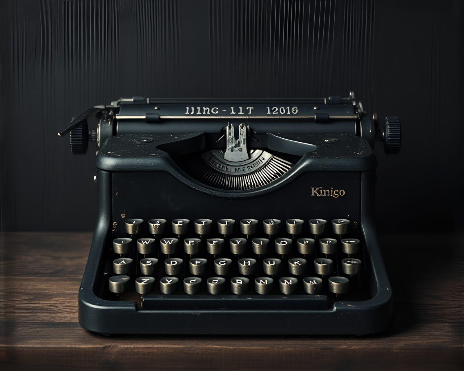 Antique typewriter in charcoal black setting with wood grain accents