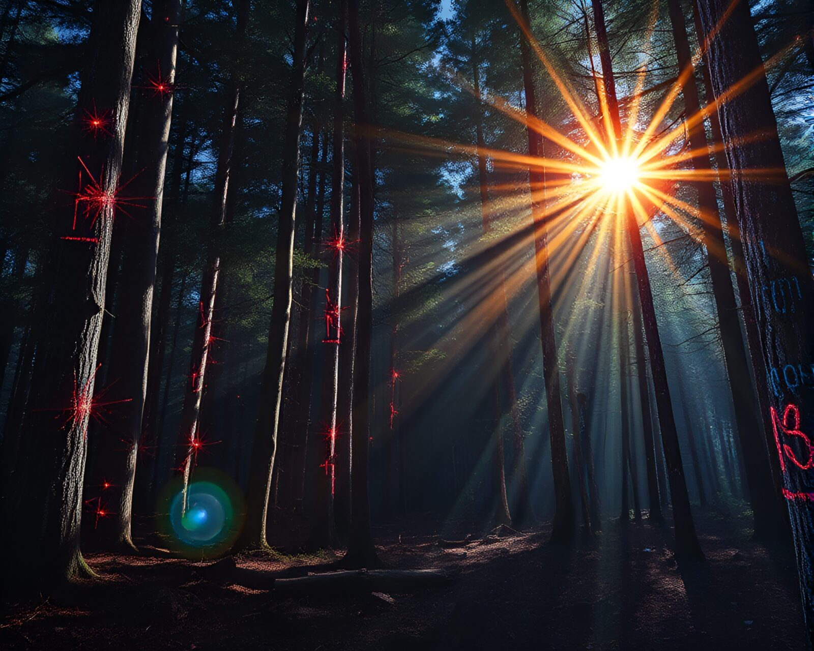 Vibrant forest scene drawn in chalk with glowing sunlight