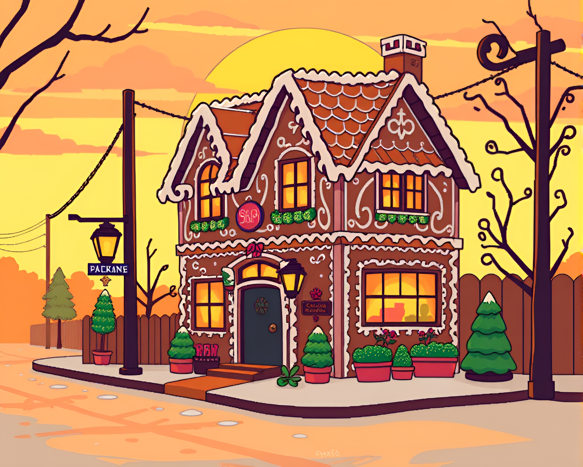 8-Bit Gingerbread House Street Art at Sunset – free AI stock image