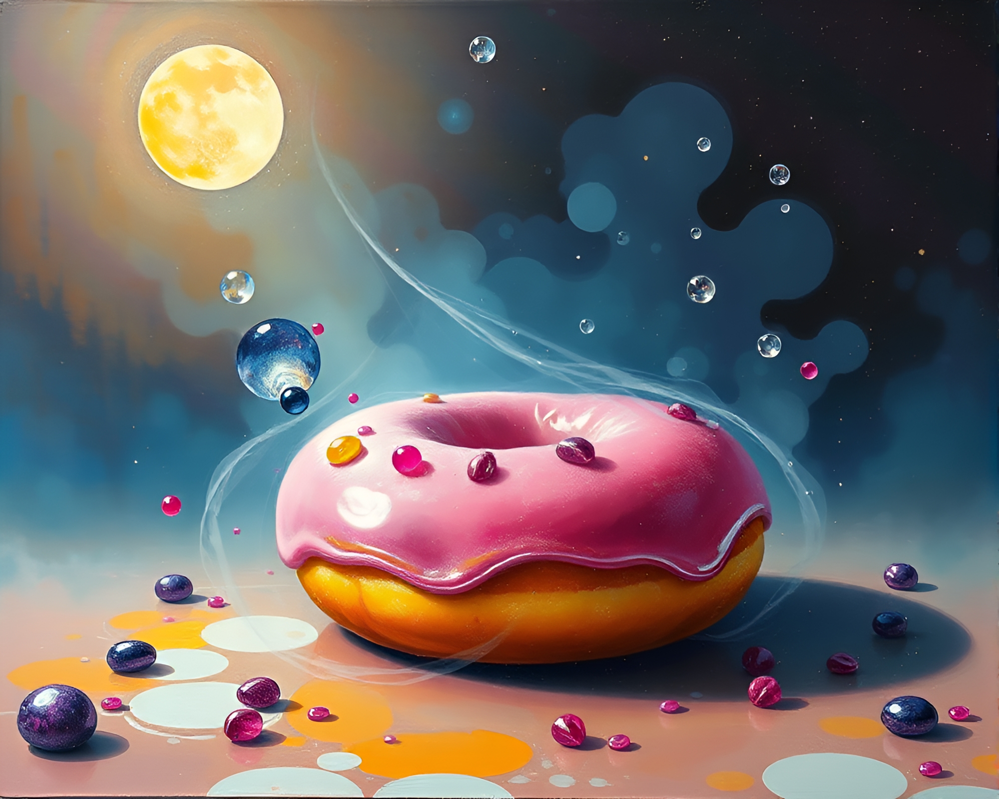 Surrealist Jelly-Filled Doughnut in Acrylic Spatters – free AI stock image