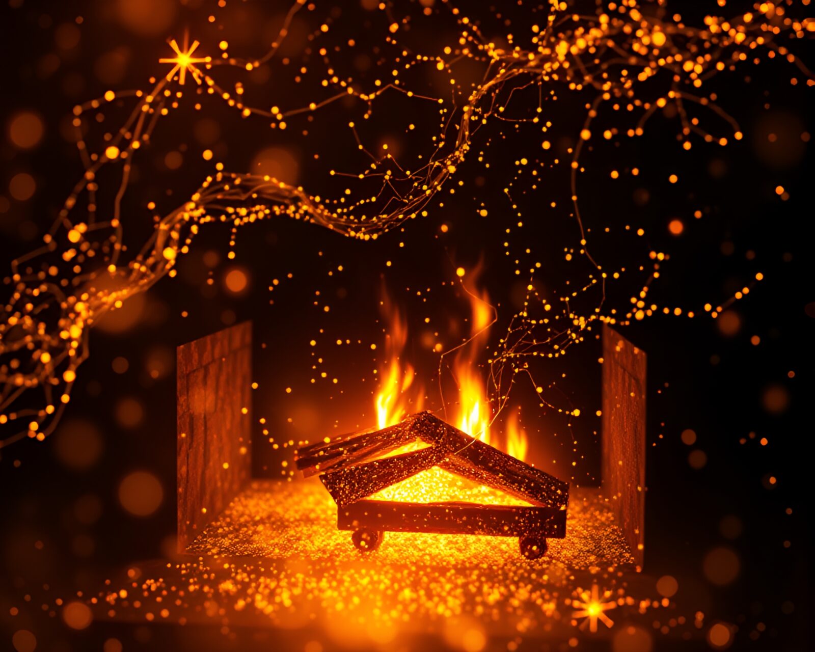 Mystical banshee surrounded by gold foil highlights near a flickering fireplace