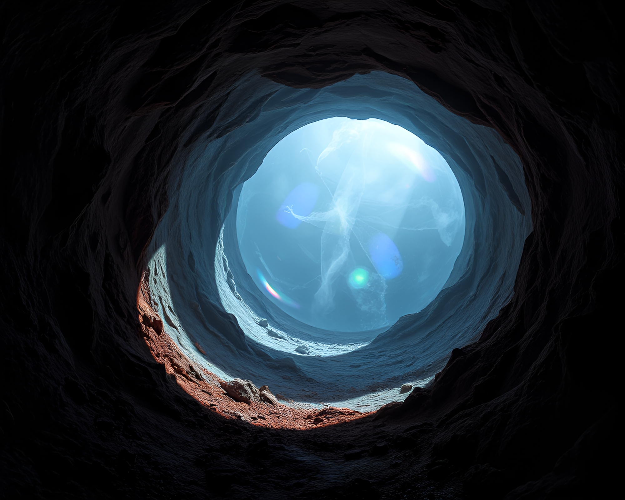 Ethereal Glass Tunnel: Volcanic Holographic Shadows – free AI stock image