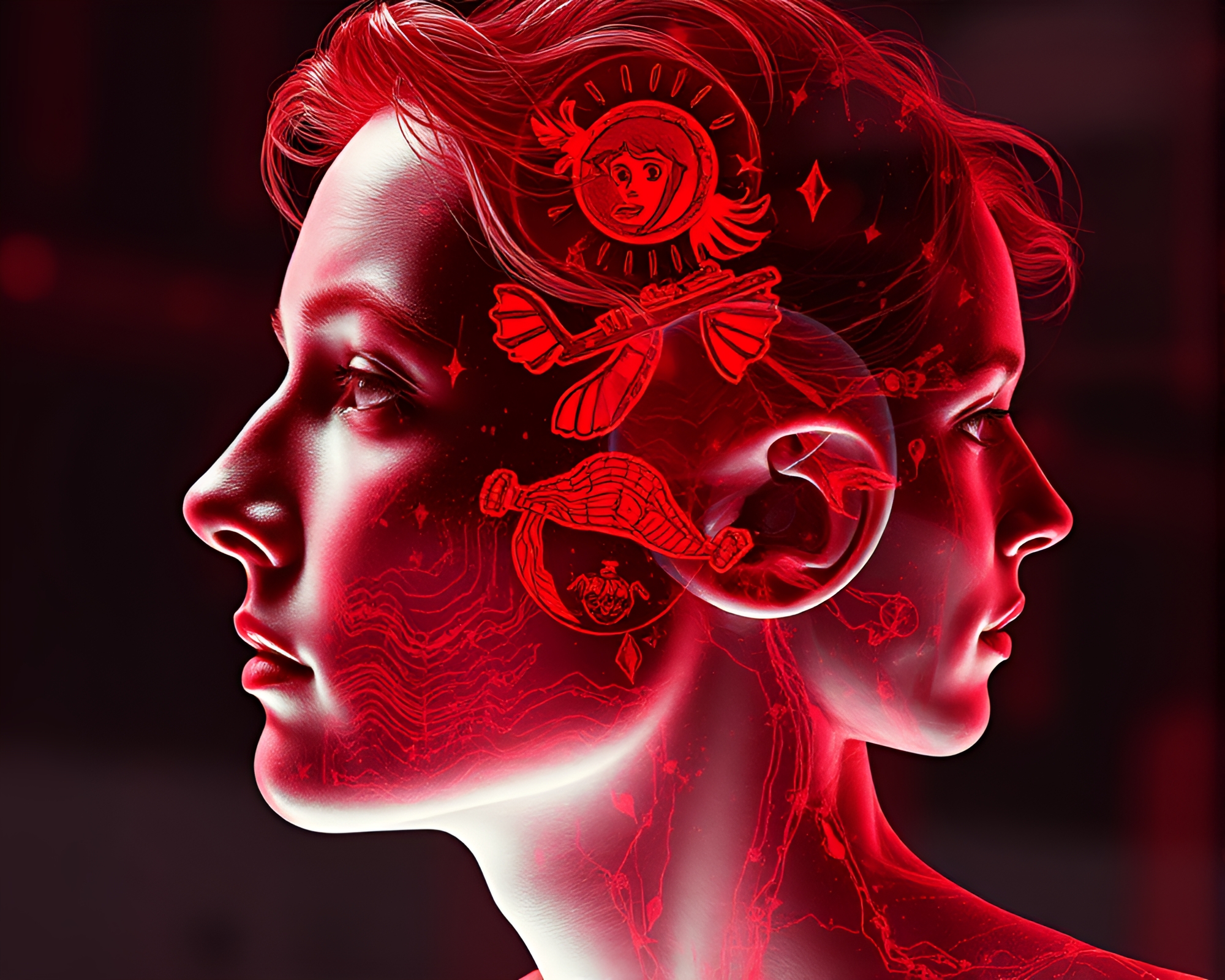 Ruby Red Augmented Reality Double Exposure Lithograph – free AI stock image