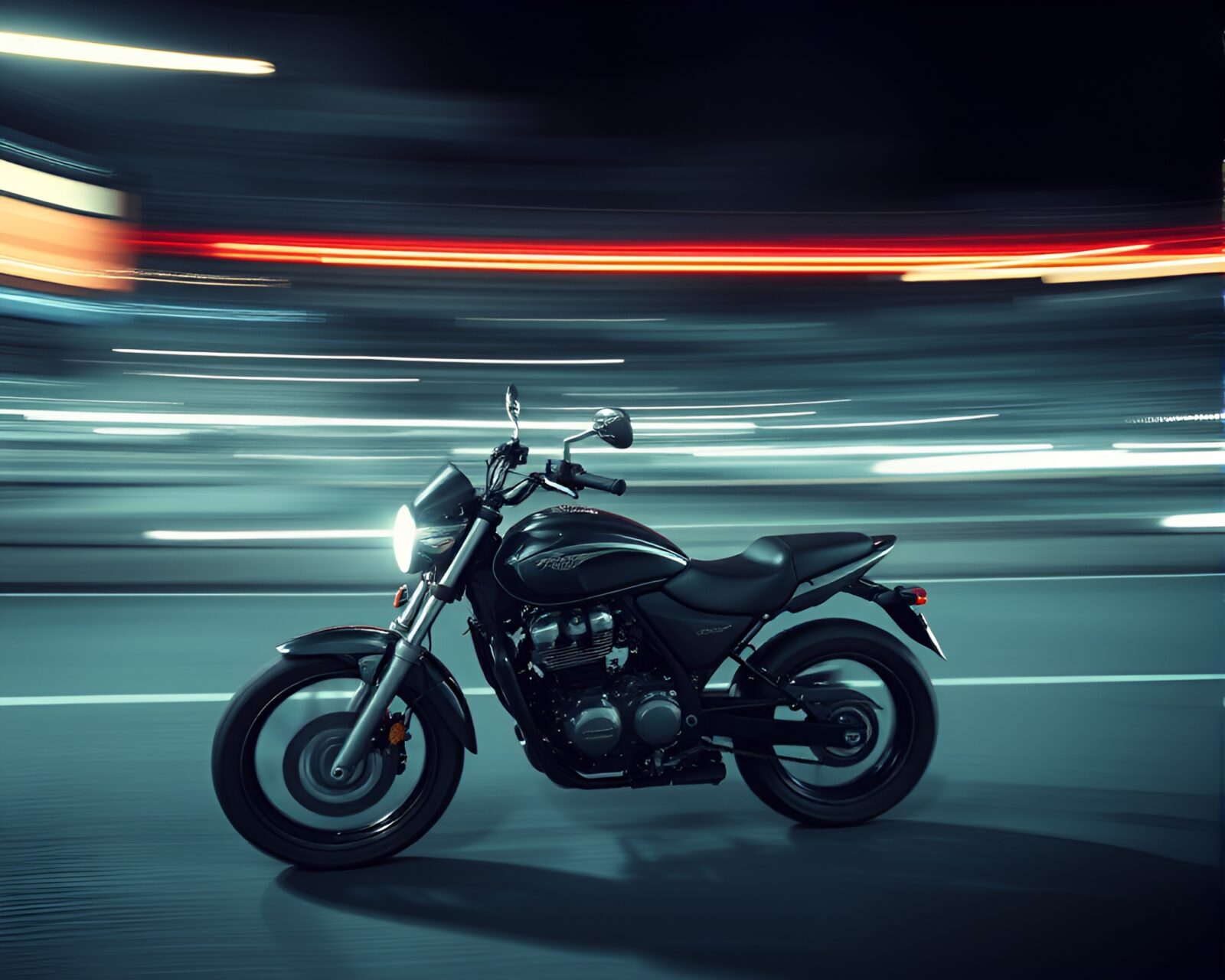 Blurred motorcycle racing on neon-lit city streets at night