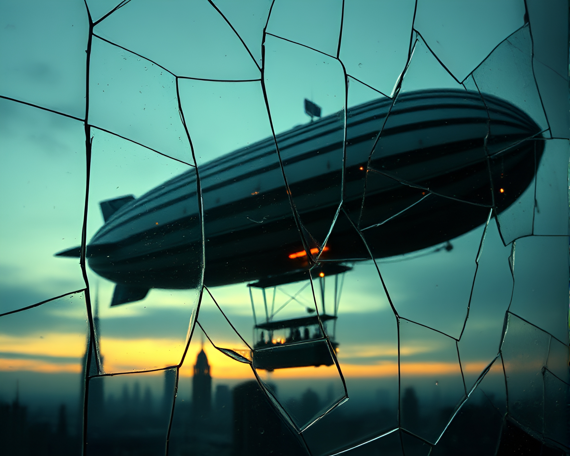 Steampunk Airship Reflection Through Broken Glass – free AI stock image