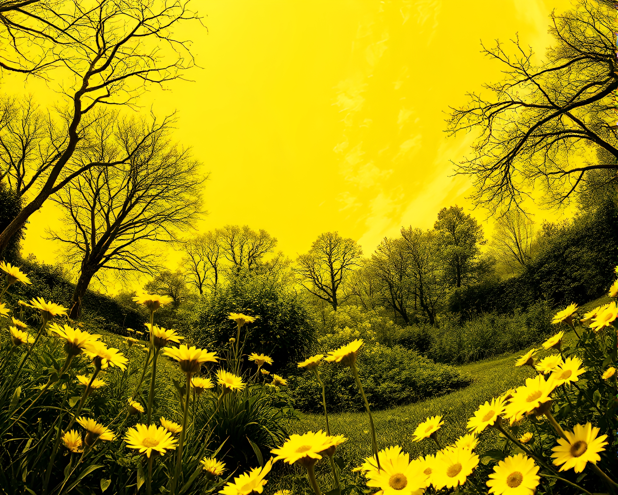 Monochrome Yellow Sky Garden Etching – free AI stock image