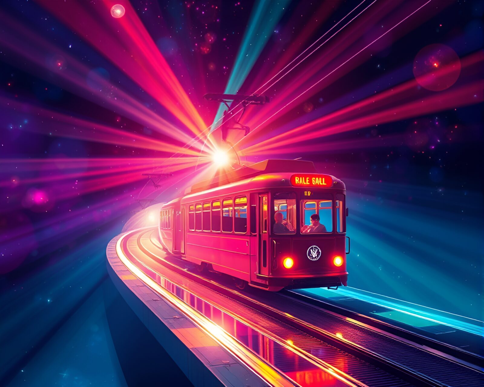 Vibrant neural style cable car under colorful concert lights