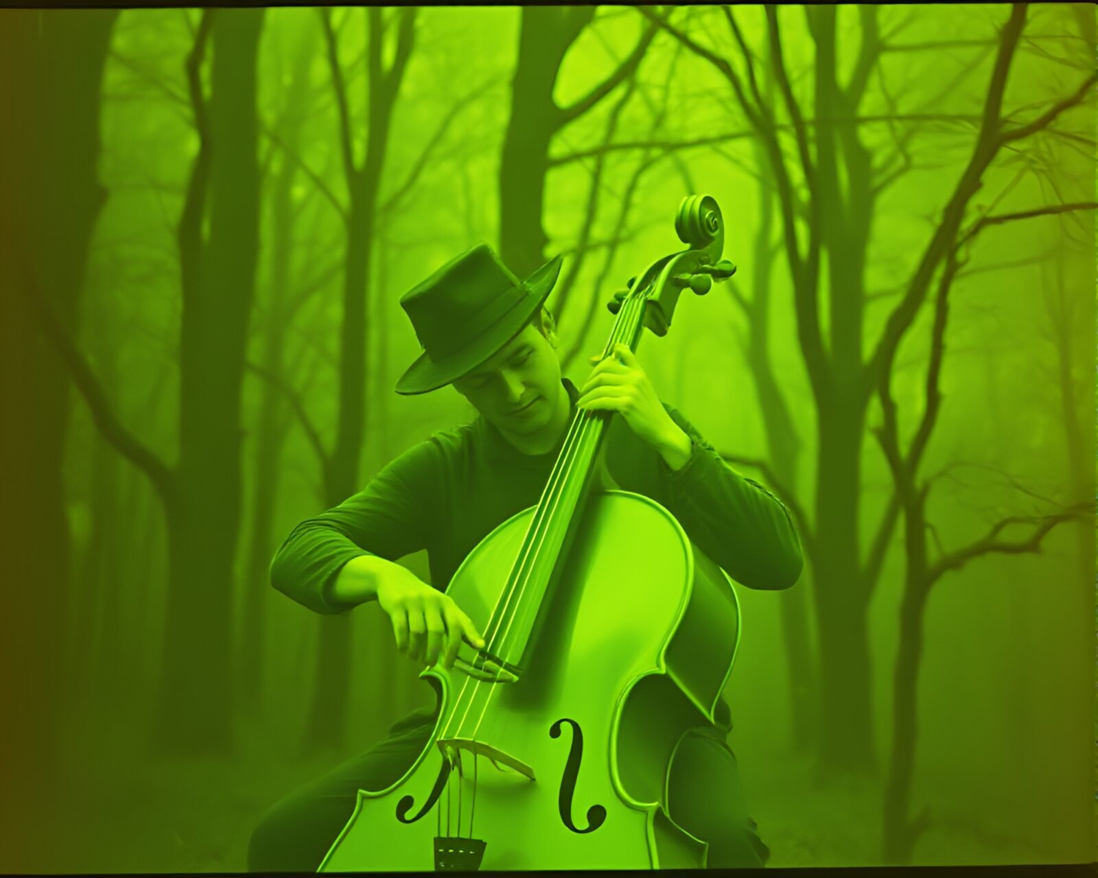 Monochrome green image with a cello in utopian style