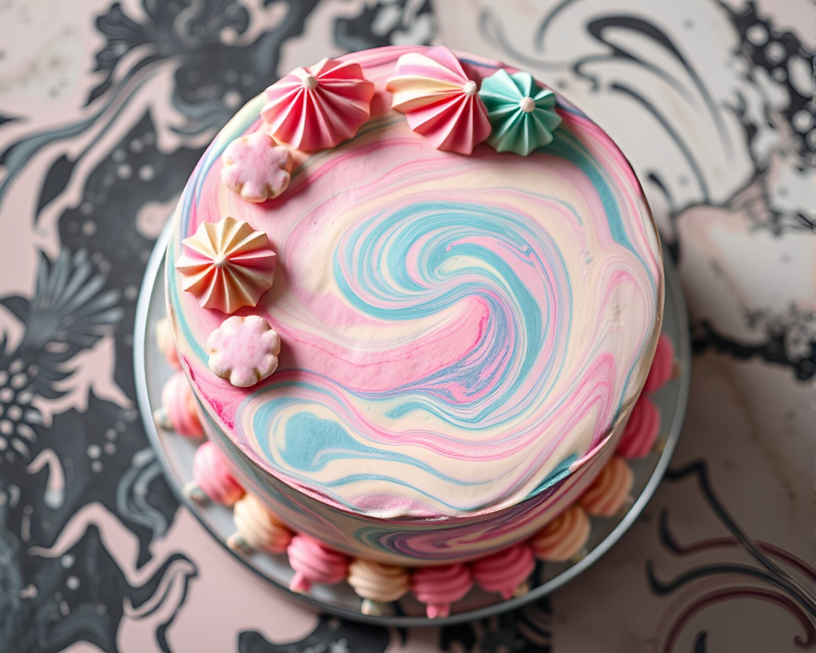 Tri-tone pastel neon marbled cake aerial view