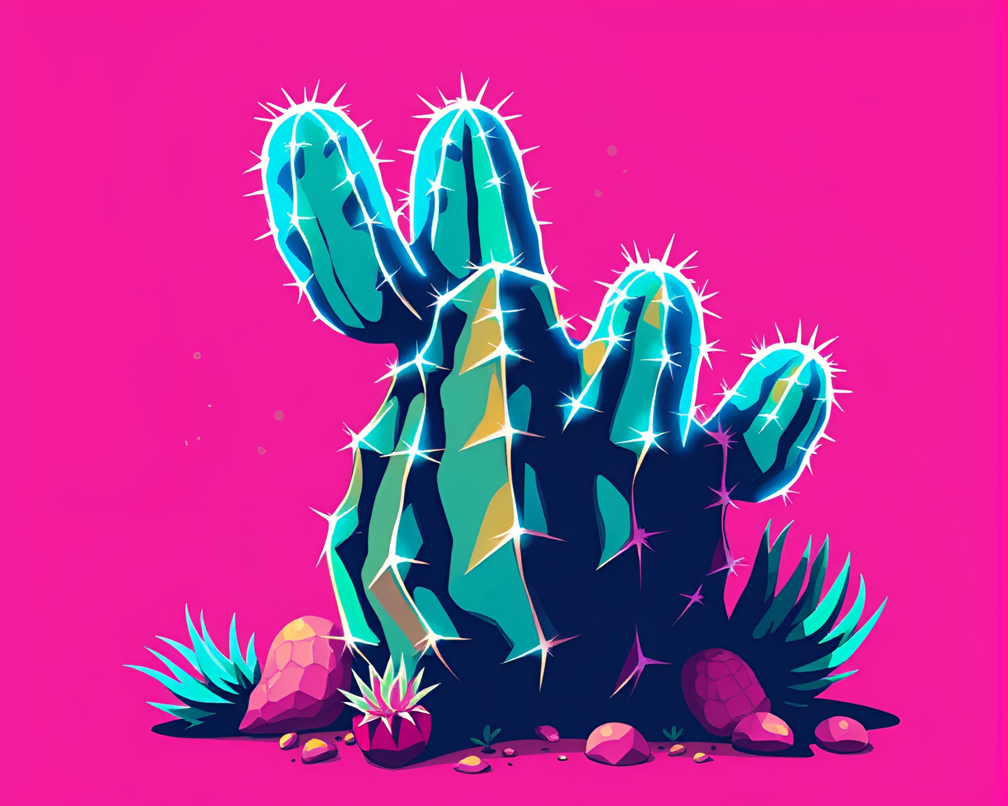 Vibrant Neon Cactus: Graffiti Abstraction in Hatchwork – free AI stock image