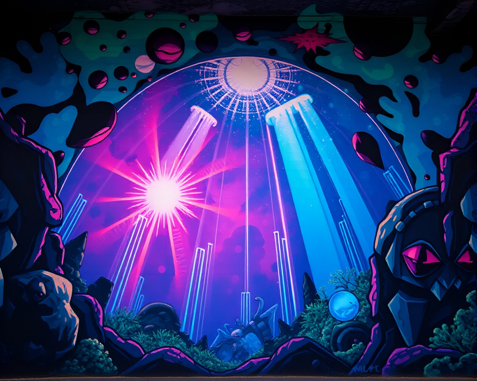 Mural of an underwater dome with sorcery aura glow