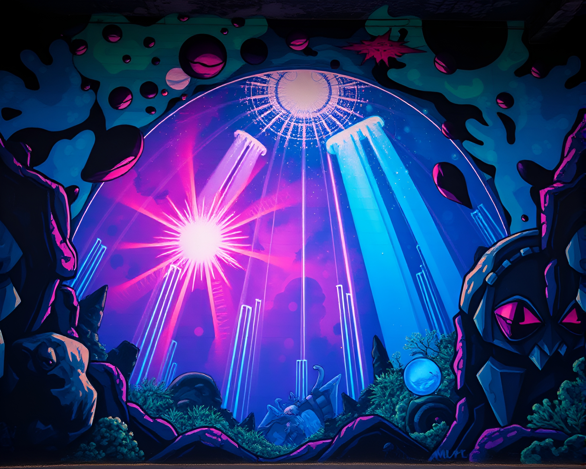 Glowing Underwater Dome Mural: ASCII Sorcery Art – free AI stock image