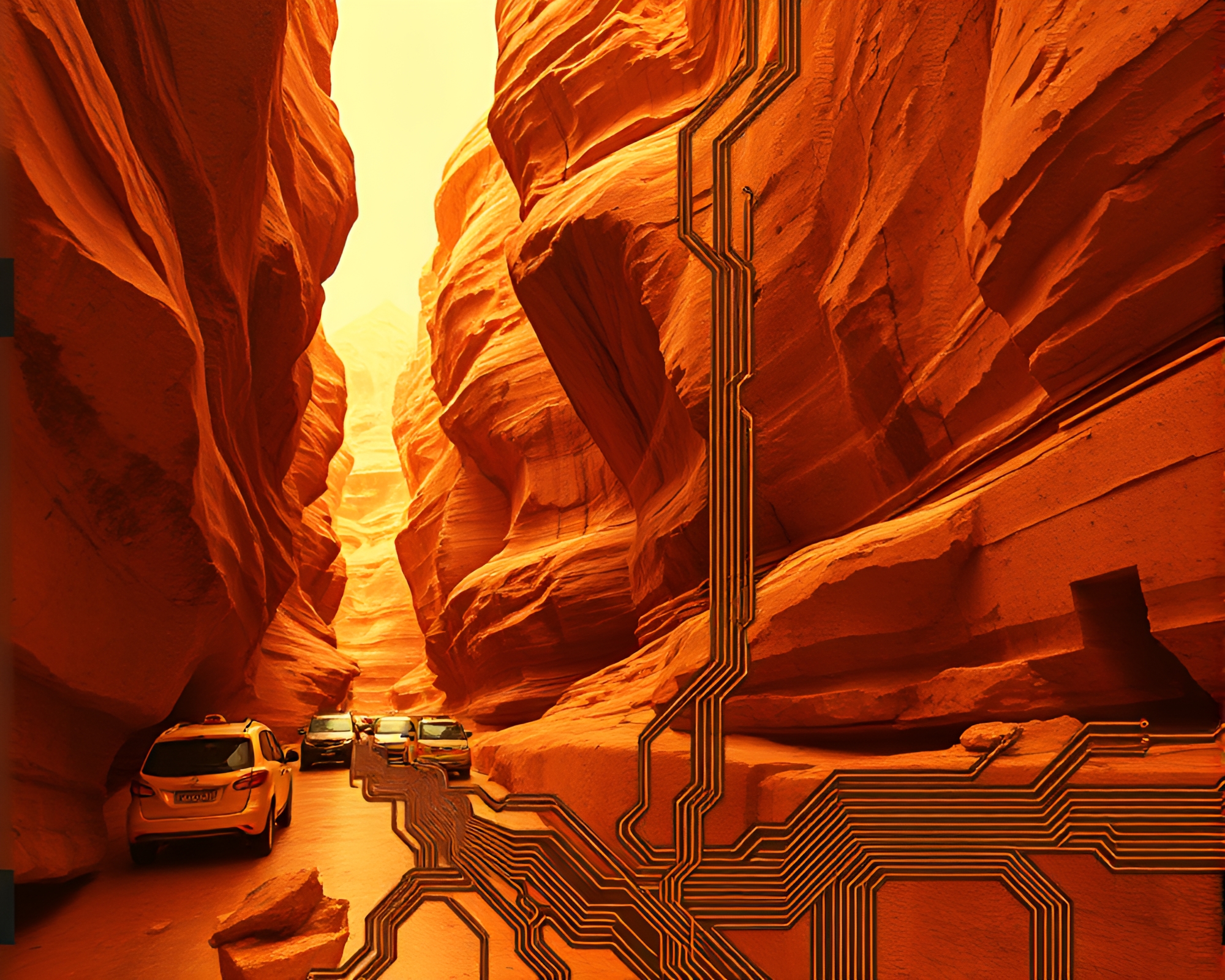 Futuristic Hover Taxi Across Canyon Rust Circuit Board – free AI stock image