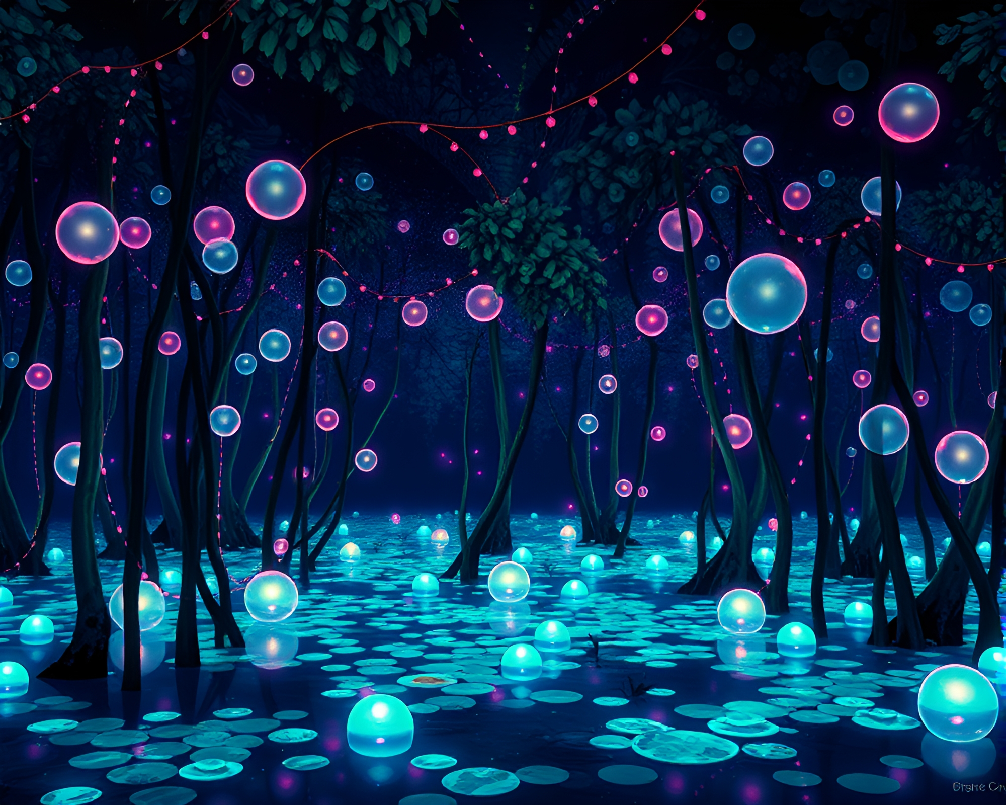 Mangrove Swamp Bubble Cluster Mural with Fluorescent Glow – free AI stock image