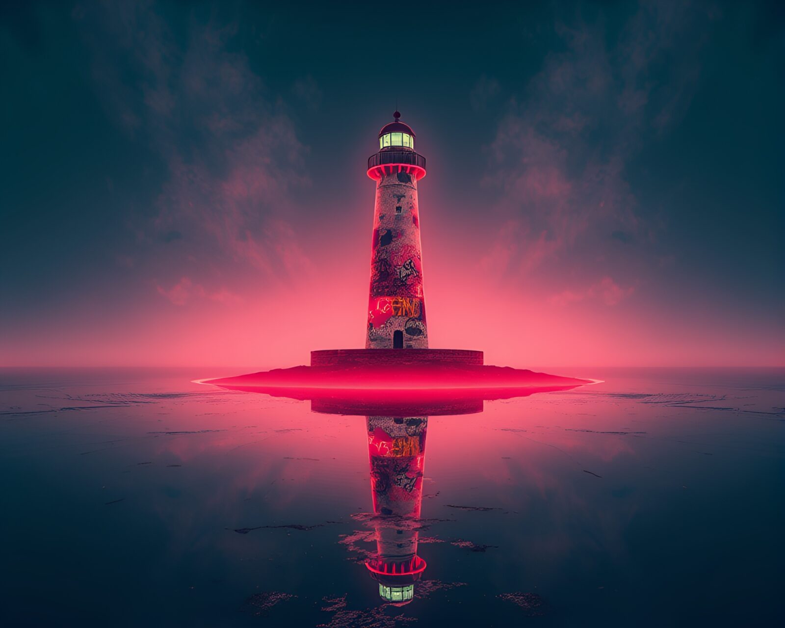 A haunting, neon-lit lighthouse surrounded by mesmerizing reflections.