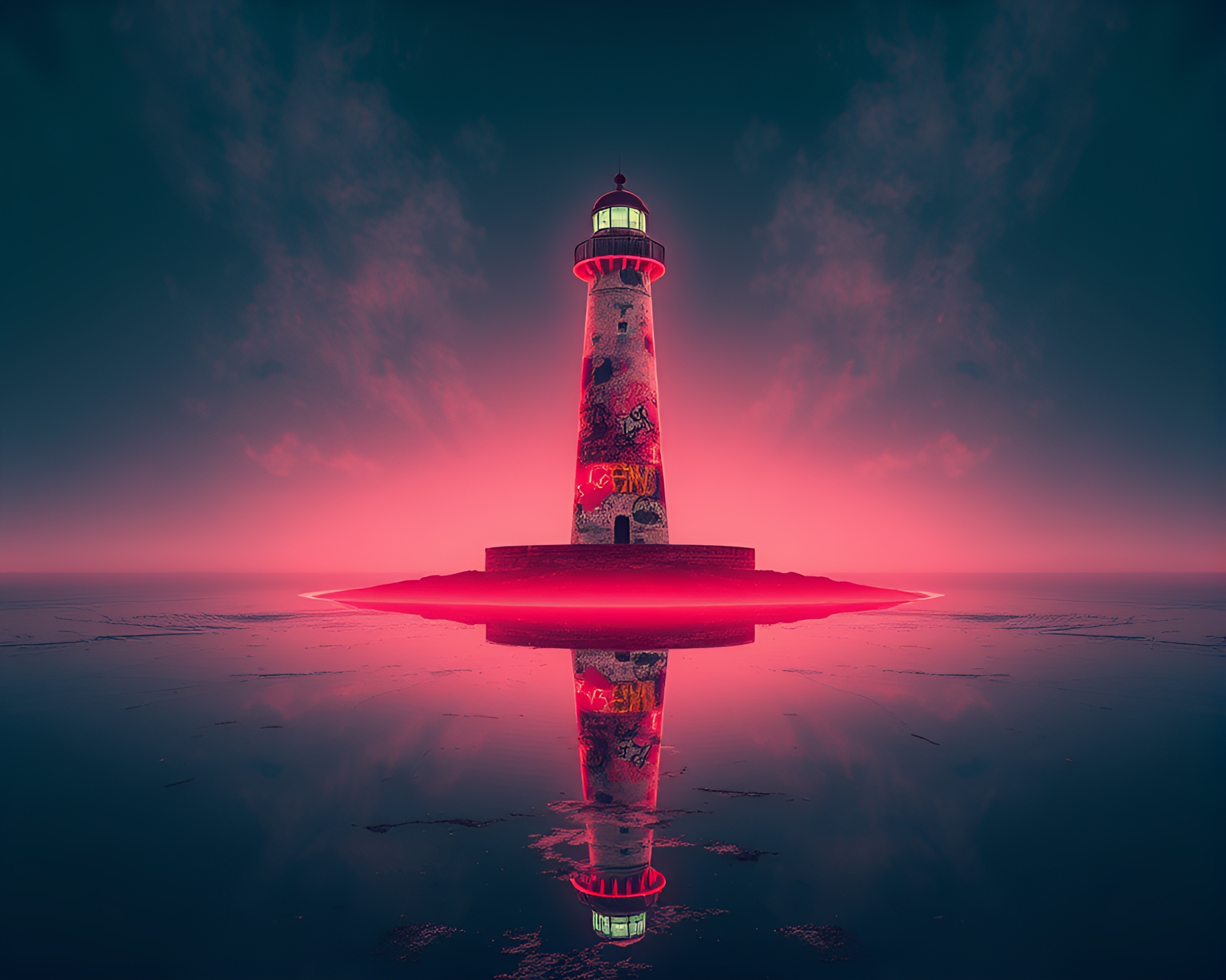 Neon Graffiti Abandoned Lighthouse Double Reflection – free AI stock image