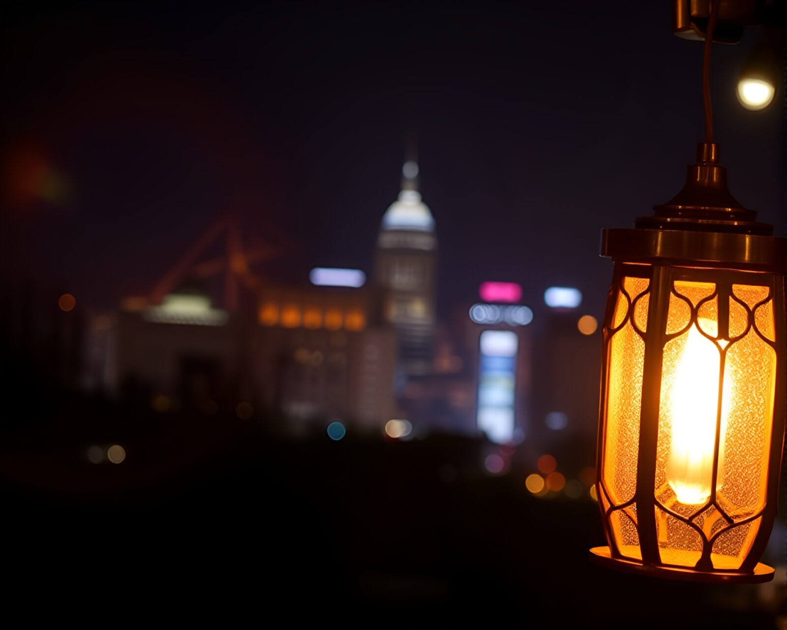 Glowing lantern amidst vibrant cityscape with lens flare effect