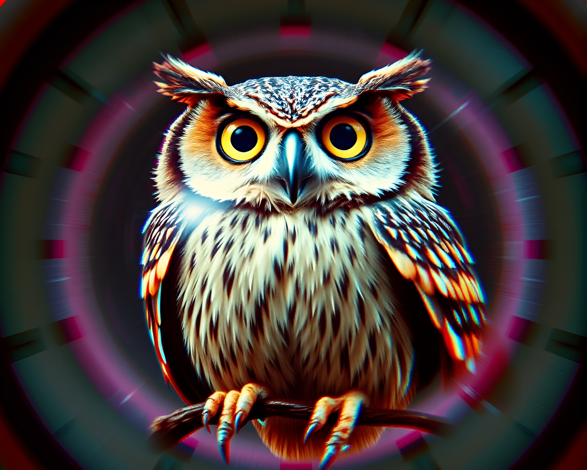 Clockwork Owl in VHS Distorted Lens Frame – free AI stock image
