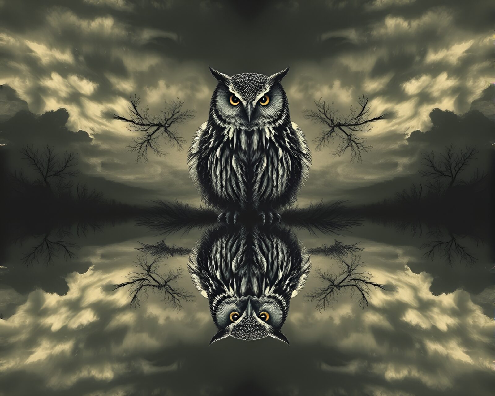 Desaturated gloom clockwork owl mirrored symmetrical landscape etching art