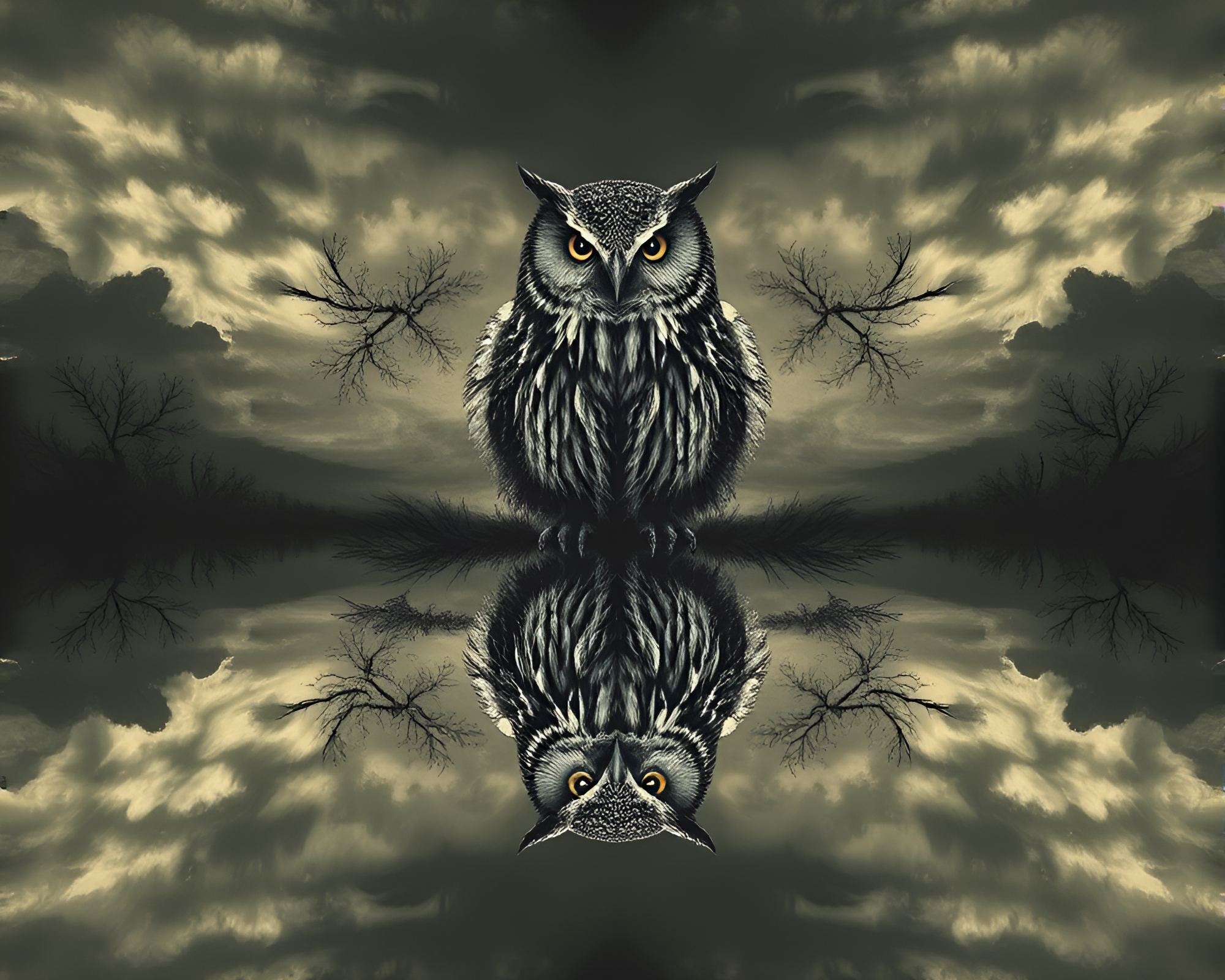 Clockwork Owl in Mirror Symmetry Landscape Etching – free AI stock image