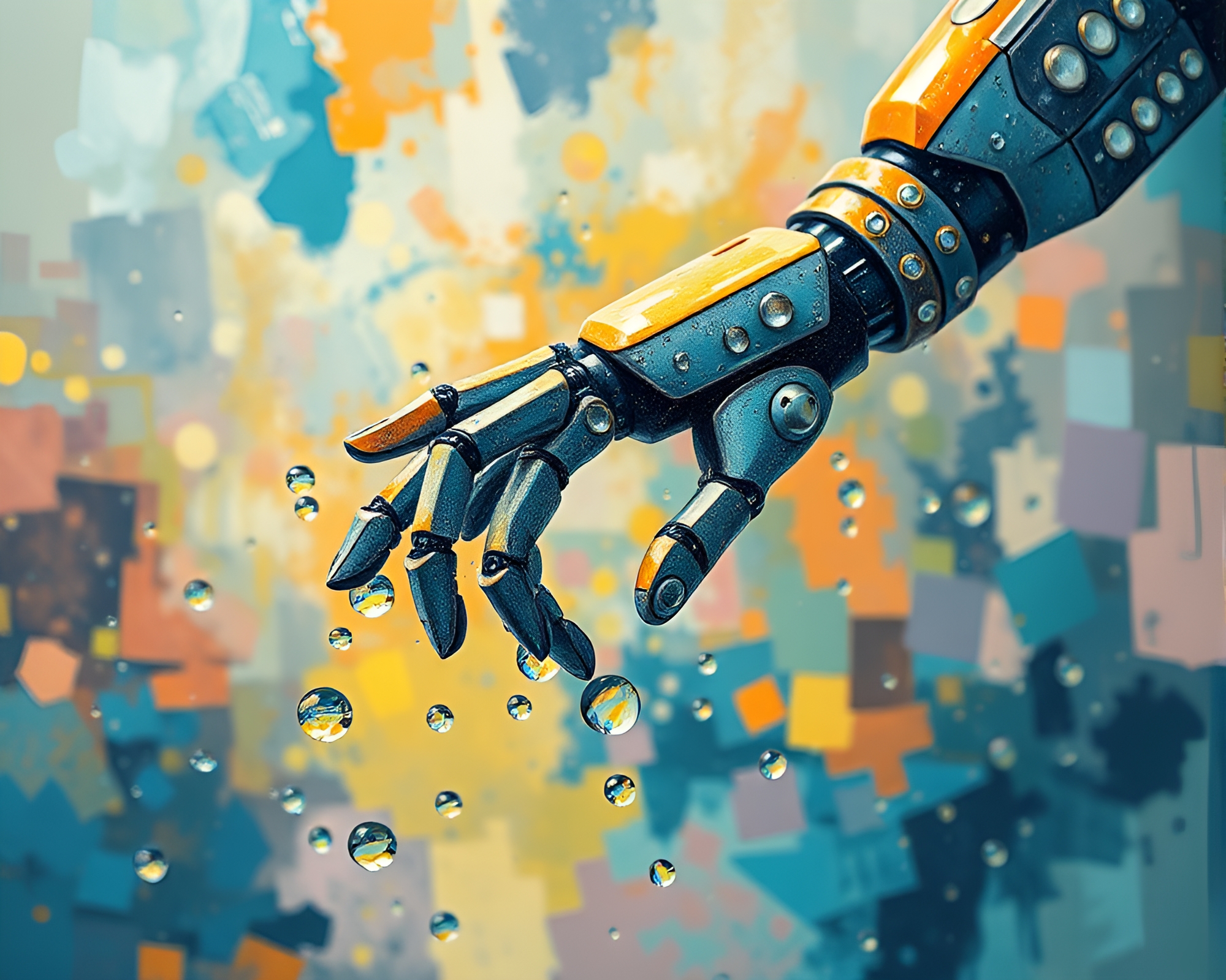 Impressionist Robotic Arm Collecting Water Droplets Painting – free AI stock image