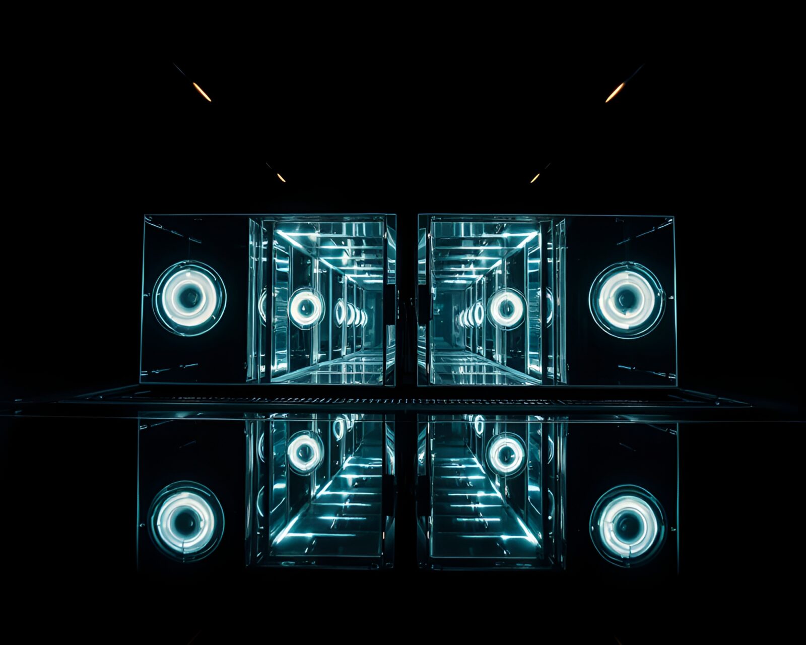 Dark, high-contrast image of dual reflections in teleportation device