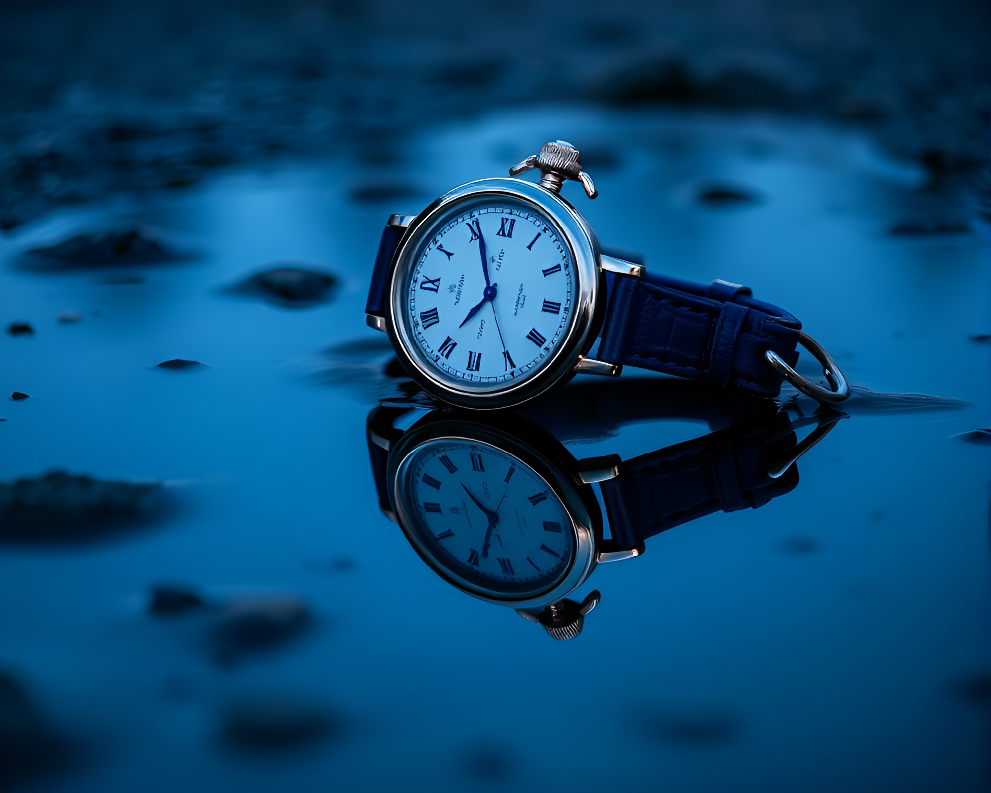Vintage pocket watch reflection in cobalt blue puddle – free AI stock image