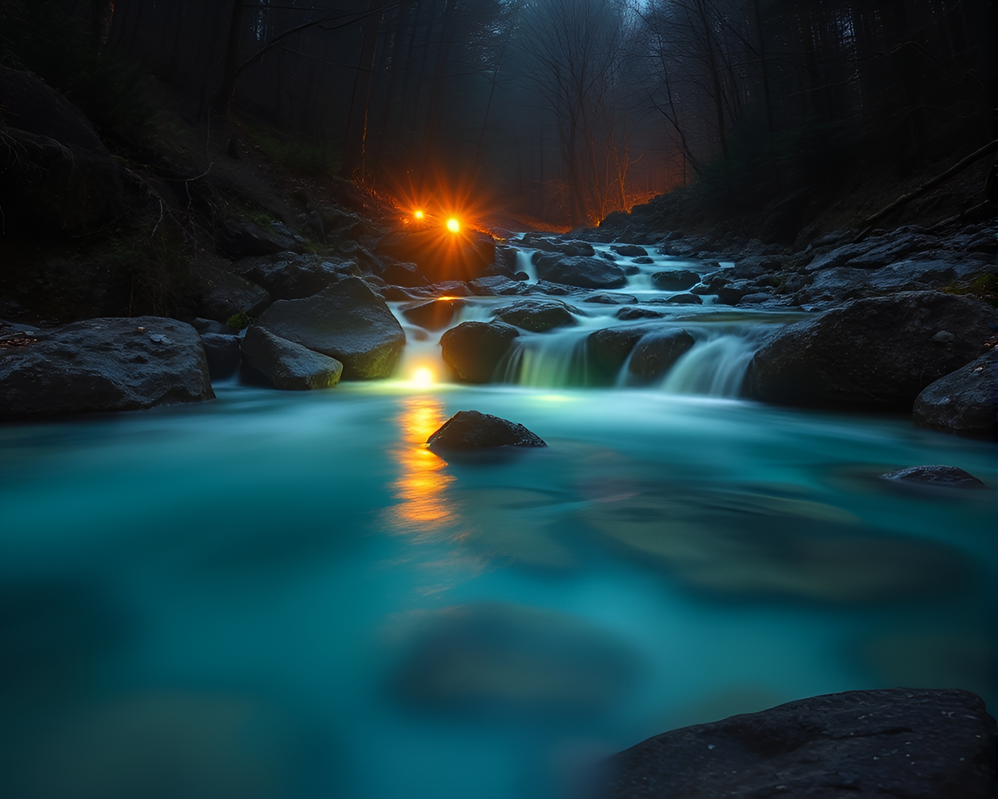 Mesmerizing Car Light Trails in Turquoise Hot Spring – free AI stock image