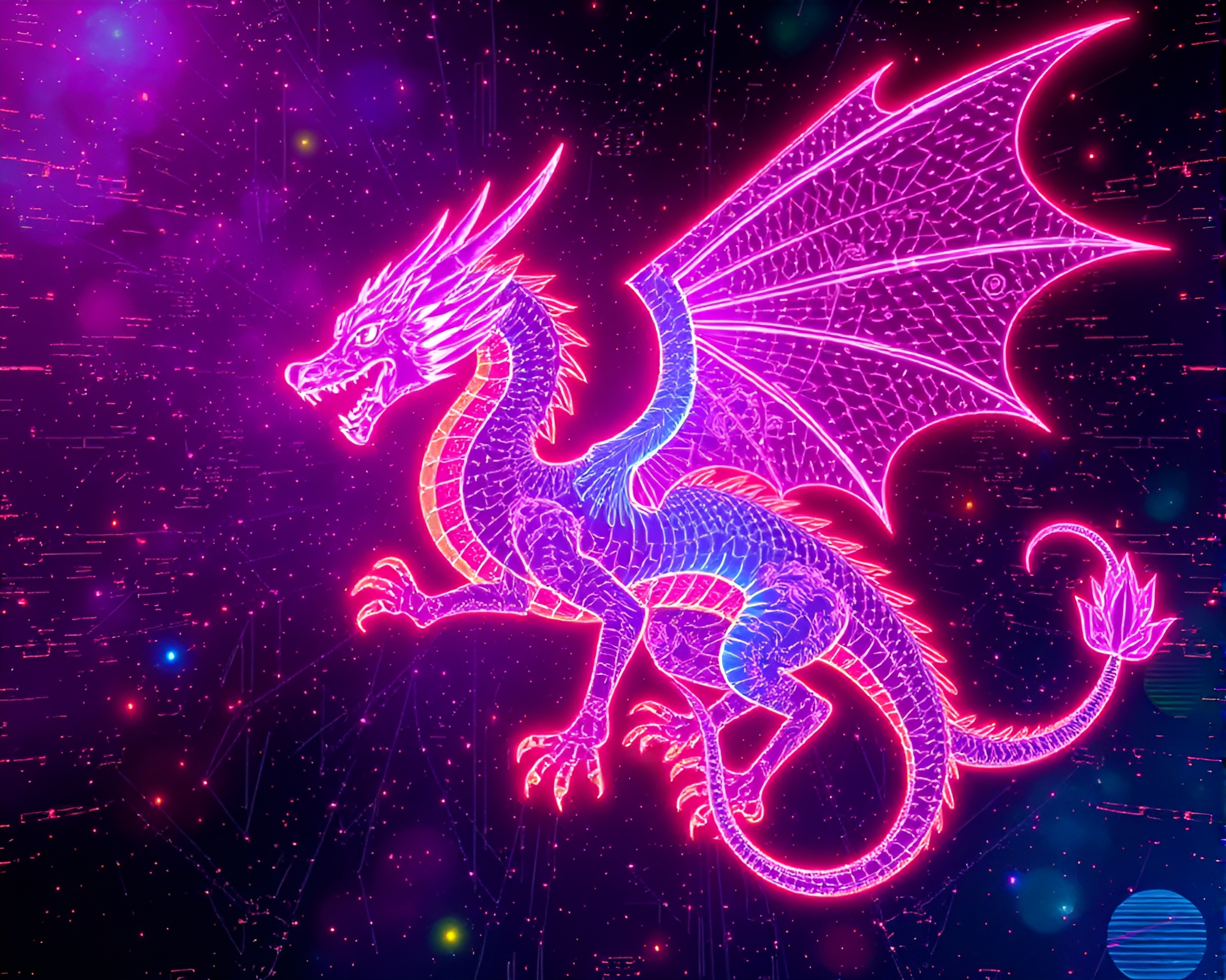 Neon Celestial Dragon Glitch Art Composition – free AI stock image
