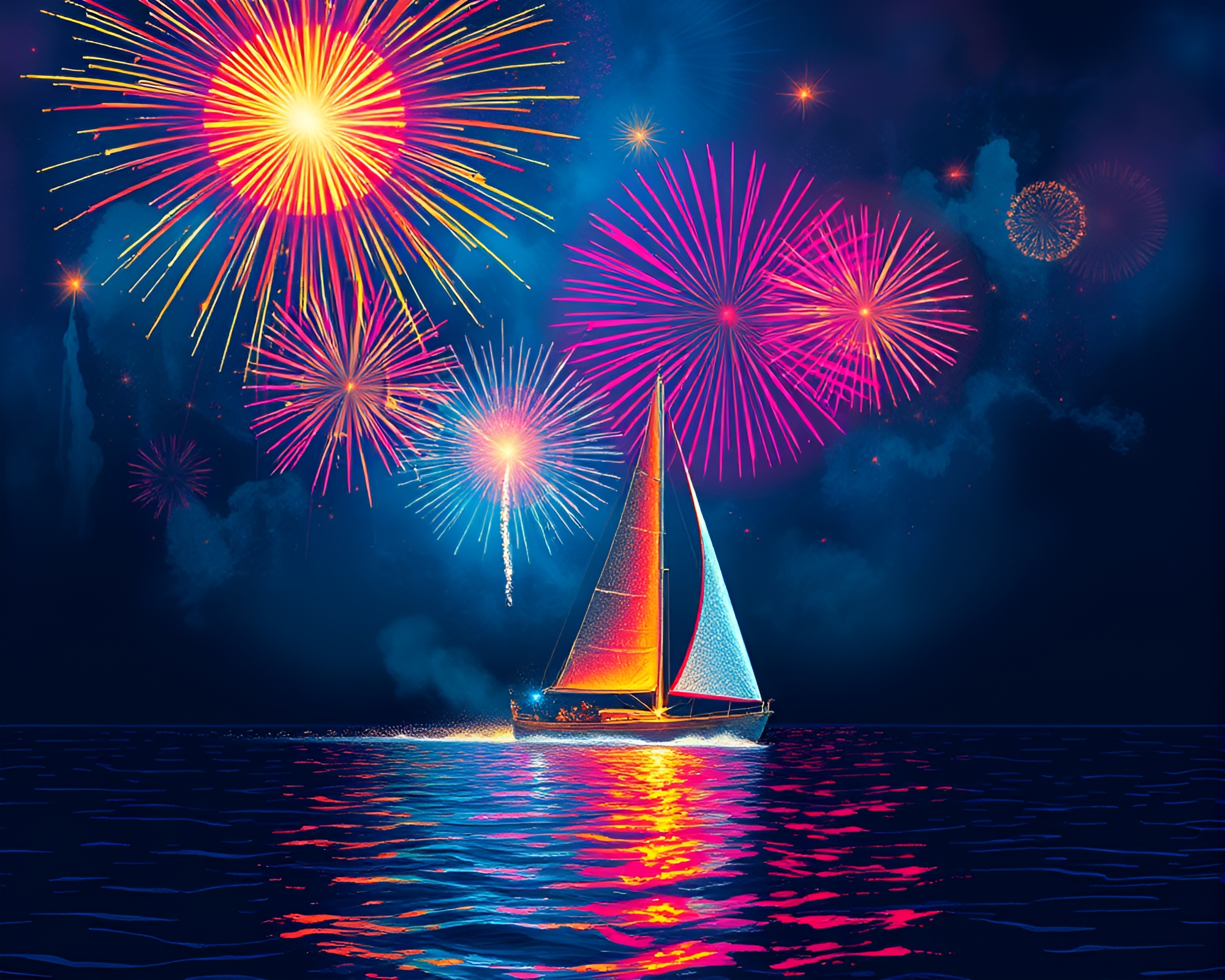 Spectacular Solar Sailboat Firework Display – free AI stock image