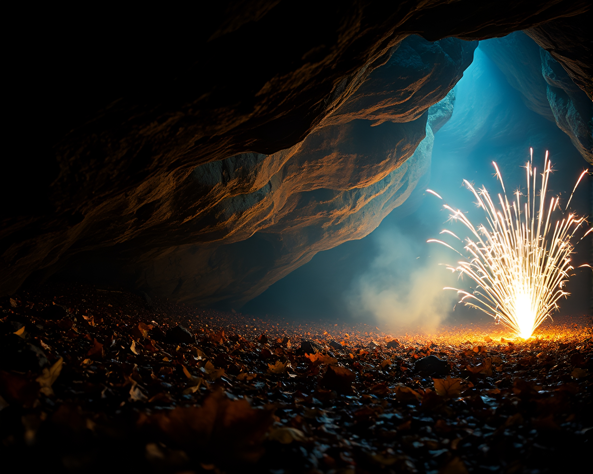 Glacial Cave Festival: Leaf Litter Fireworks Spectacle – free AI stock image