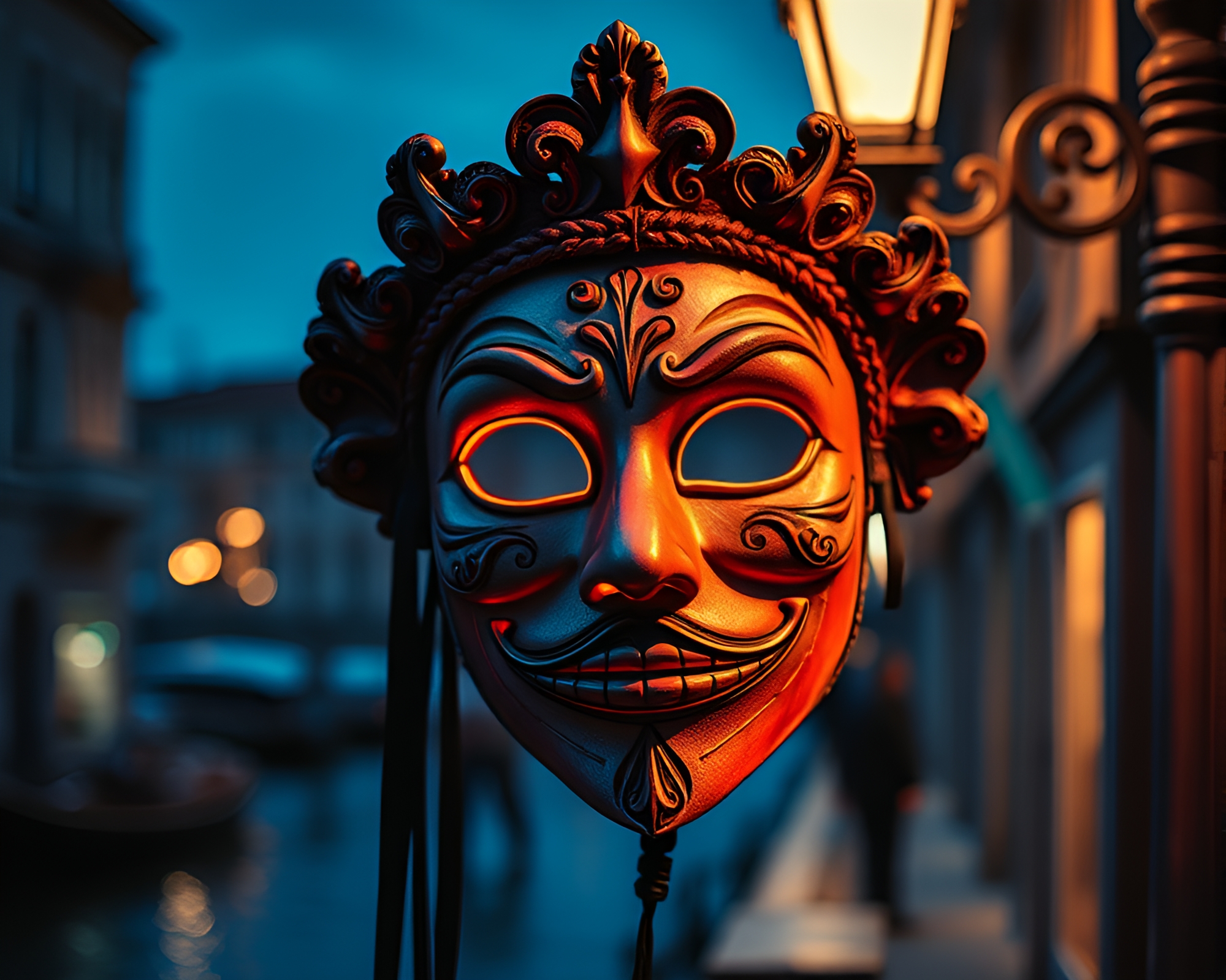 Venetian Mask in Blue Hour Woodblock Print – free AI stock image