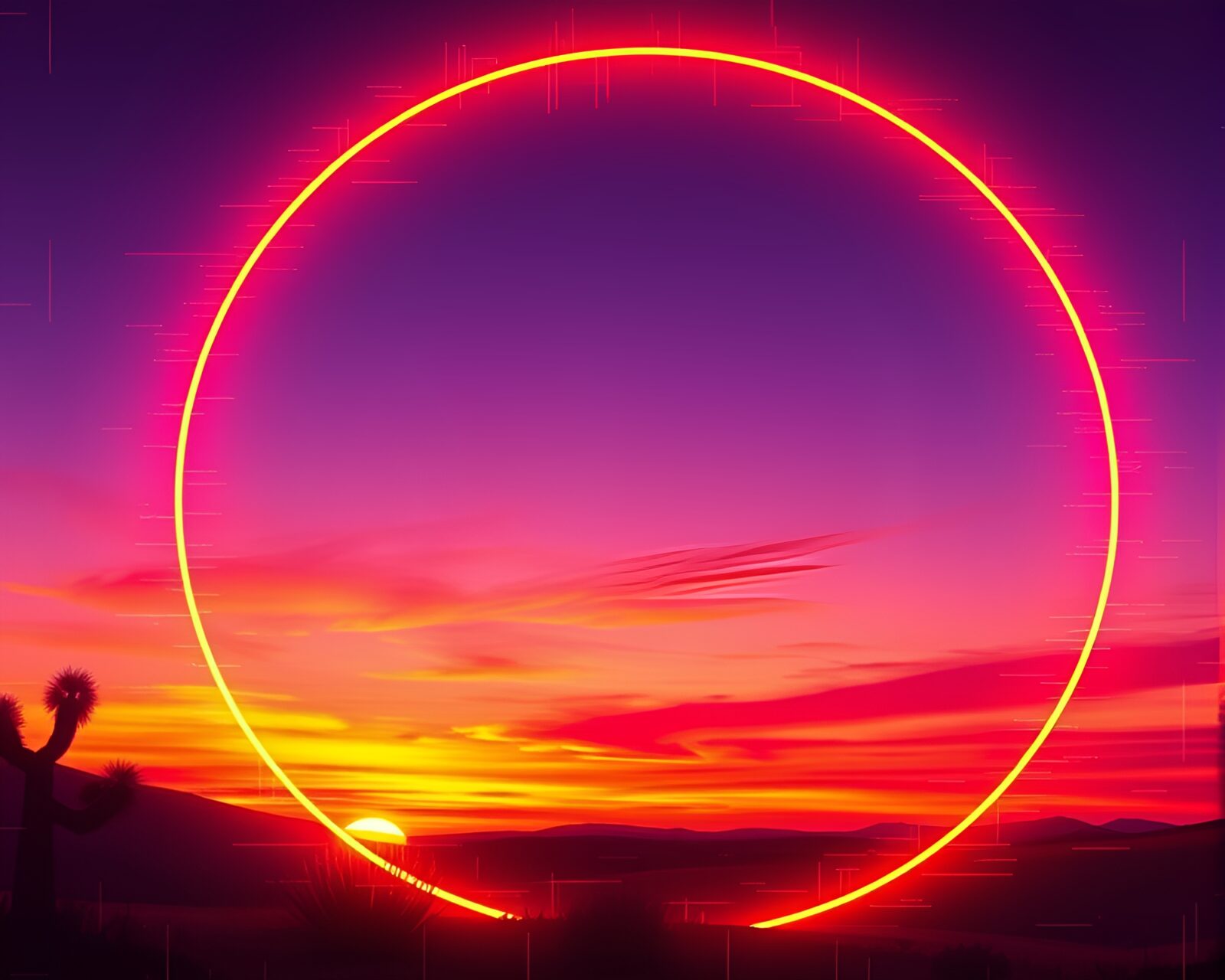 Circular neon graffiti amidst digital desert glitch at sunset