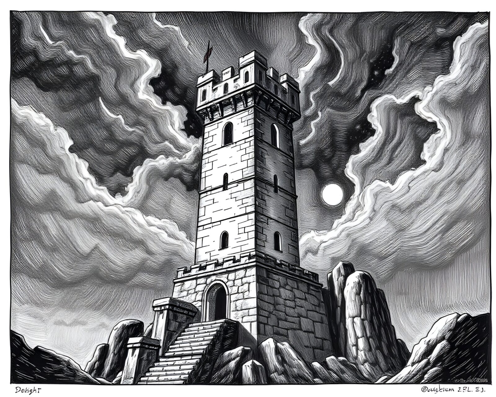 Dark tower illuminated by flickering torchlight in etching style