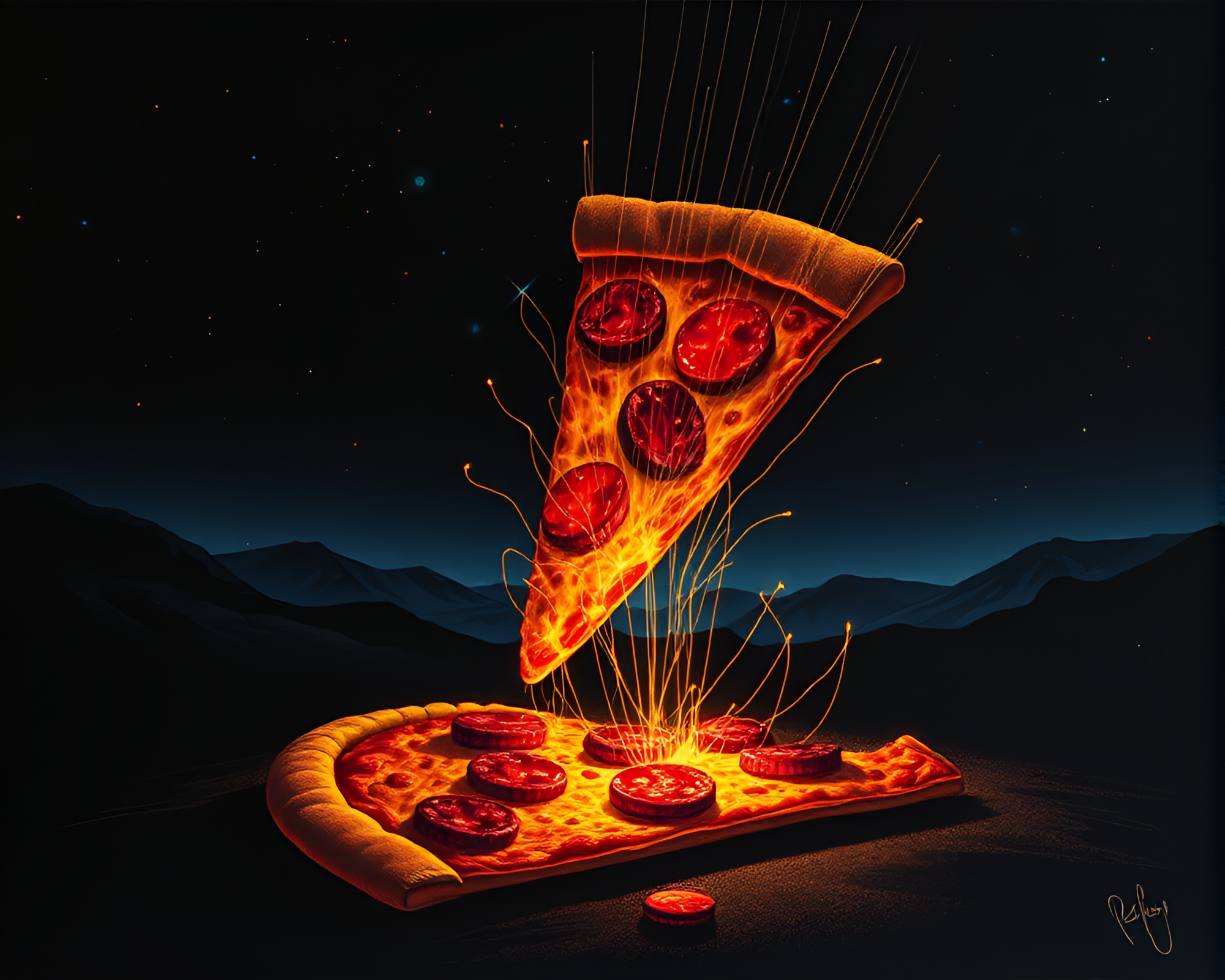 Pizza Slice Illuminated by Fiber Optic Fireflies – free AI stock image