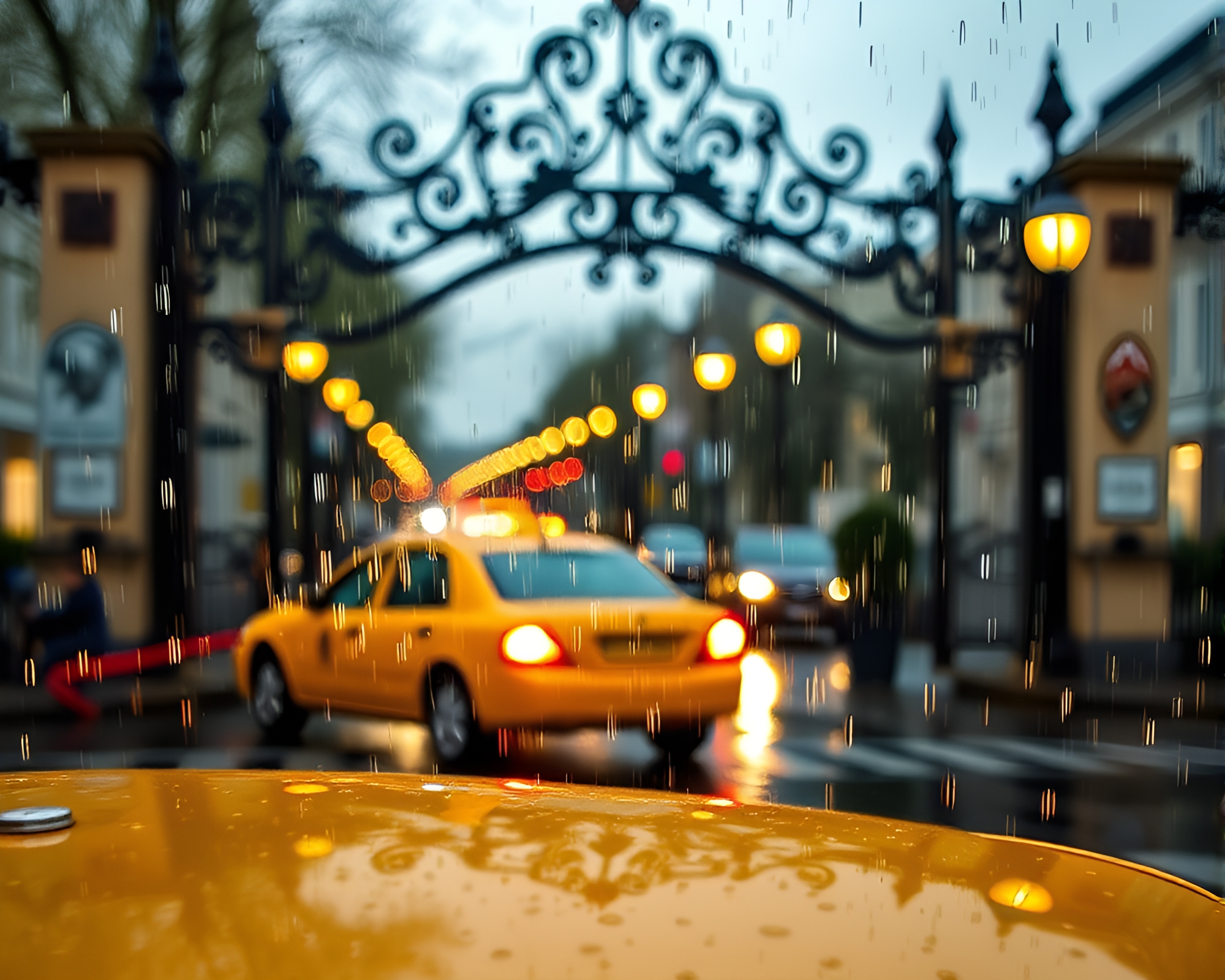 Rainy Cityscape: Taxi Blur Reflections – free AI stock image