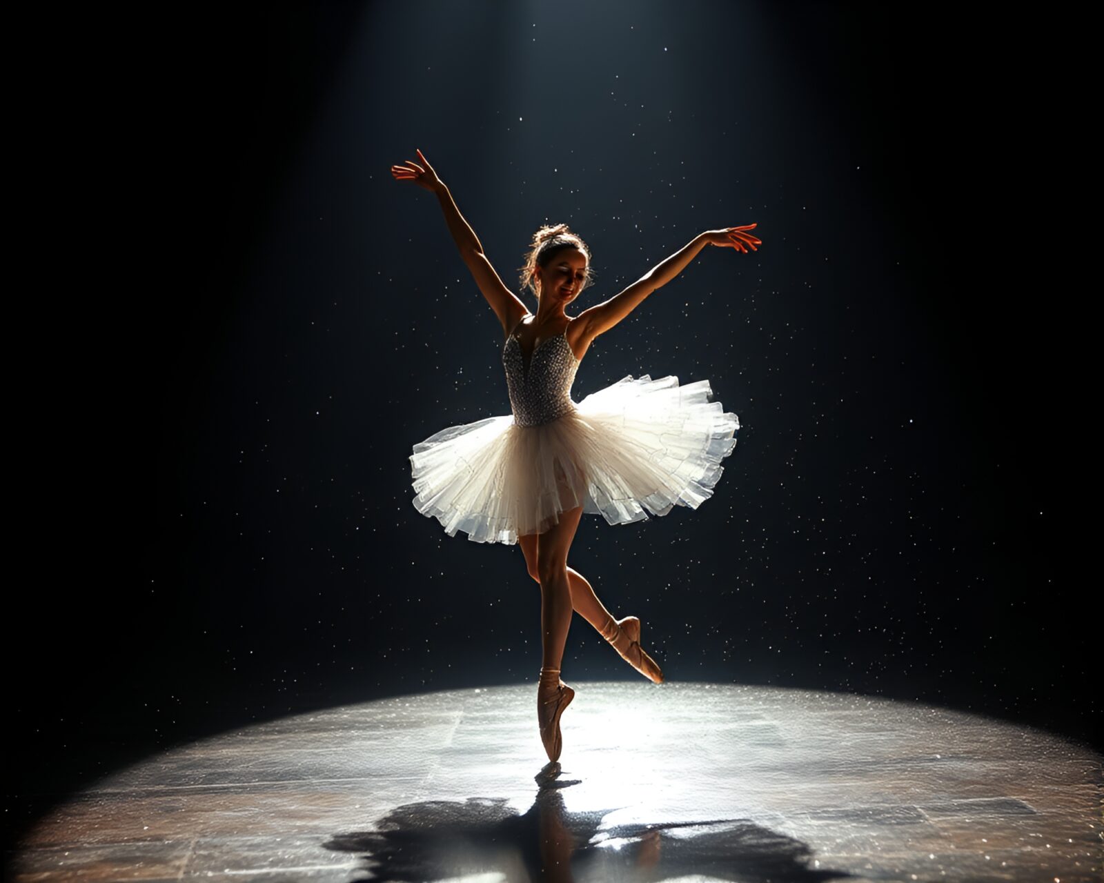 Elegant ballet dancer bathed in sunlight with metallic sparkle