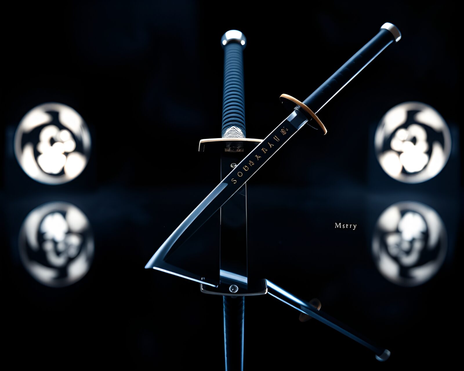 Tri-tone image of samurai sword with indigo lighting
