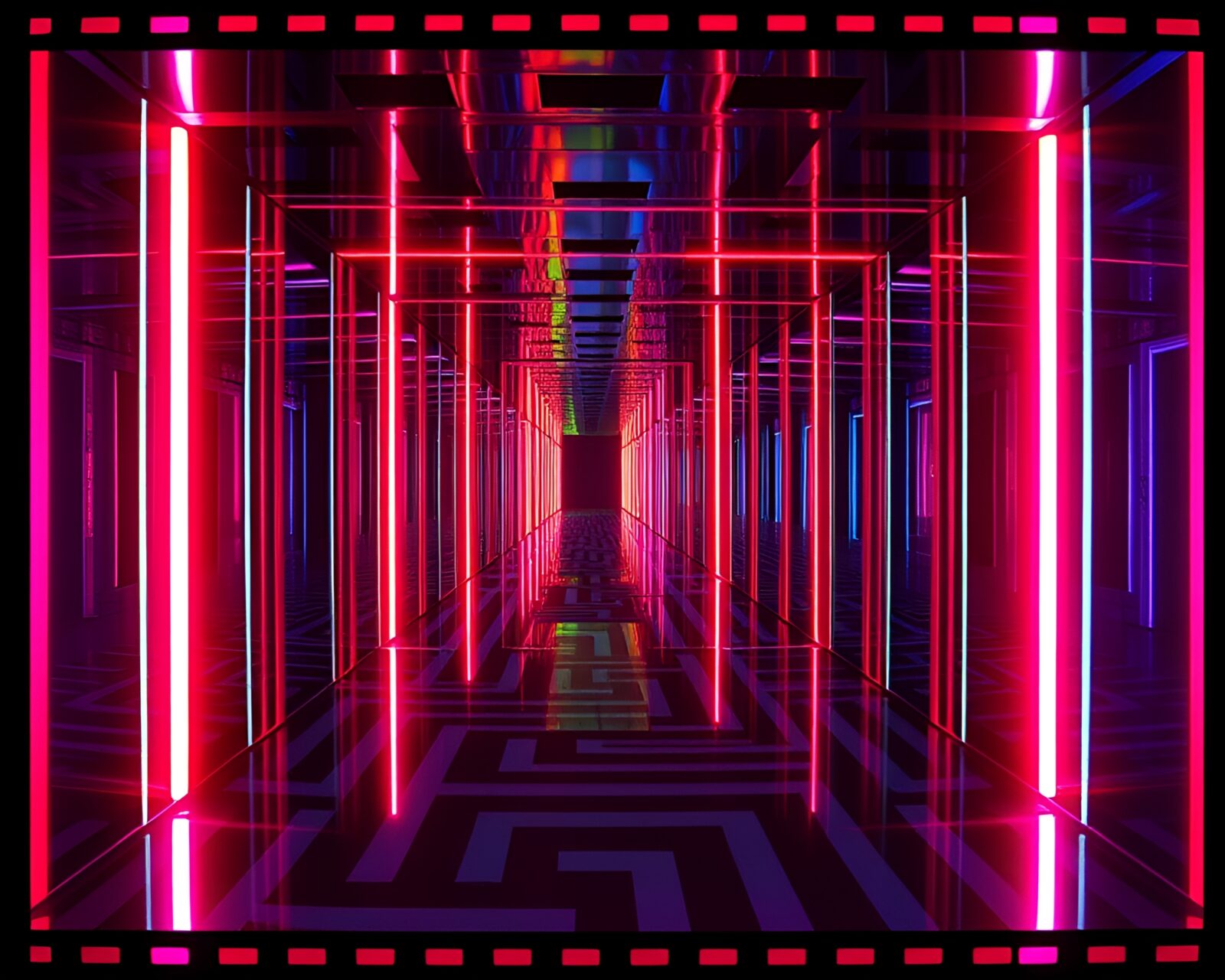 Dutch angle view of a mirror maze with thermal colors