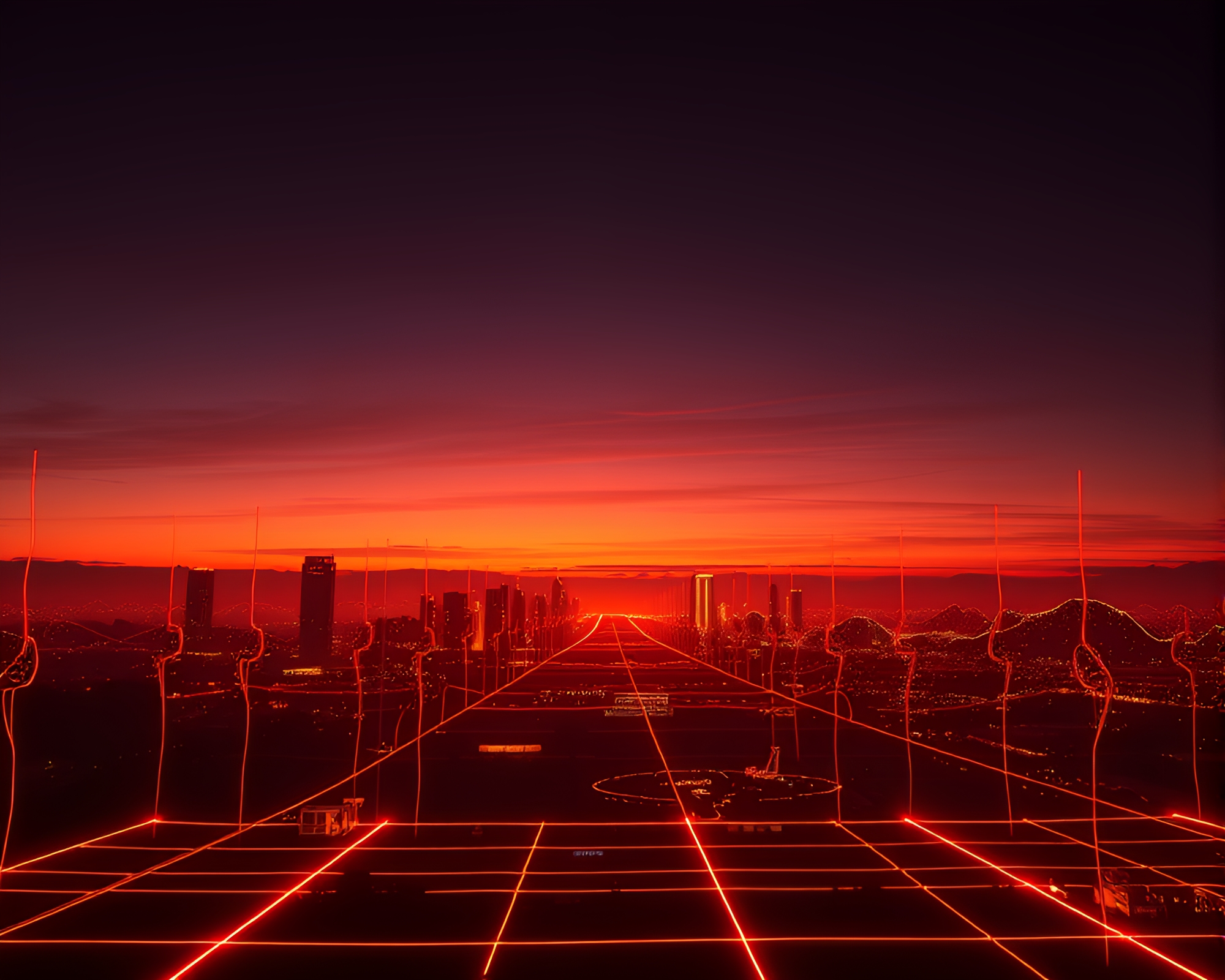 Neon Wireframe Parallel Universe in Golden Hour Dusk – free AI stock image
