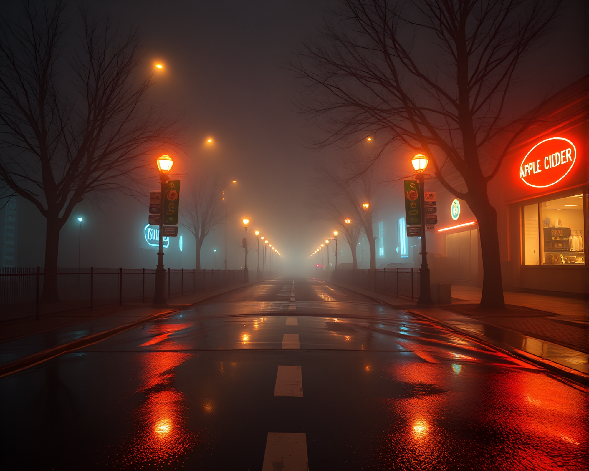 Symmetrical Neon Apple Cider Reflection in Foggy Atmosphere – free AI stock image