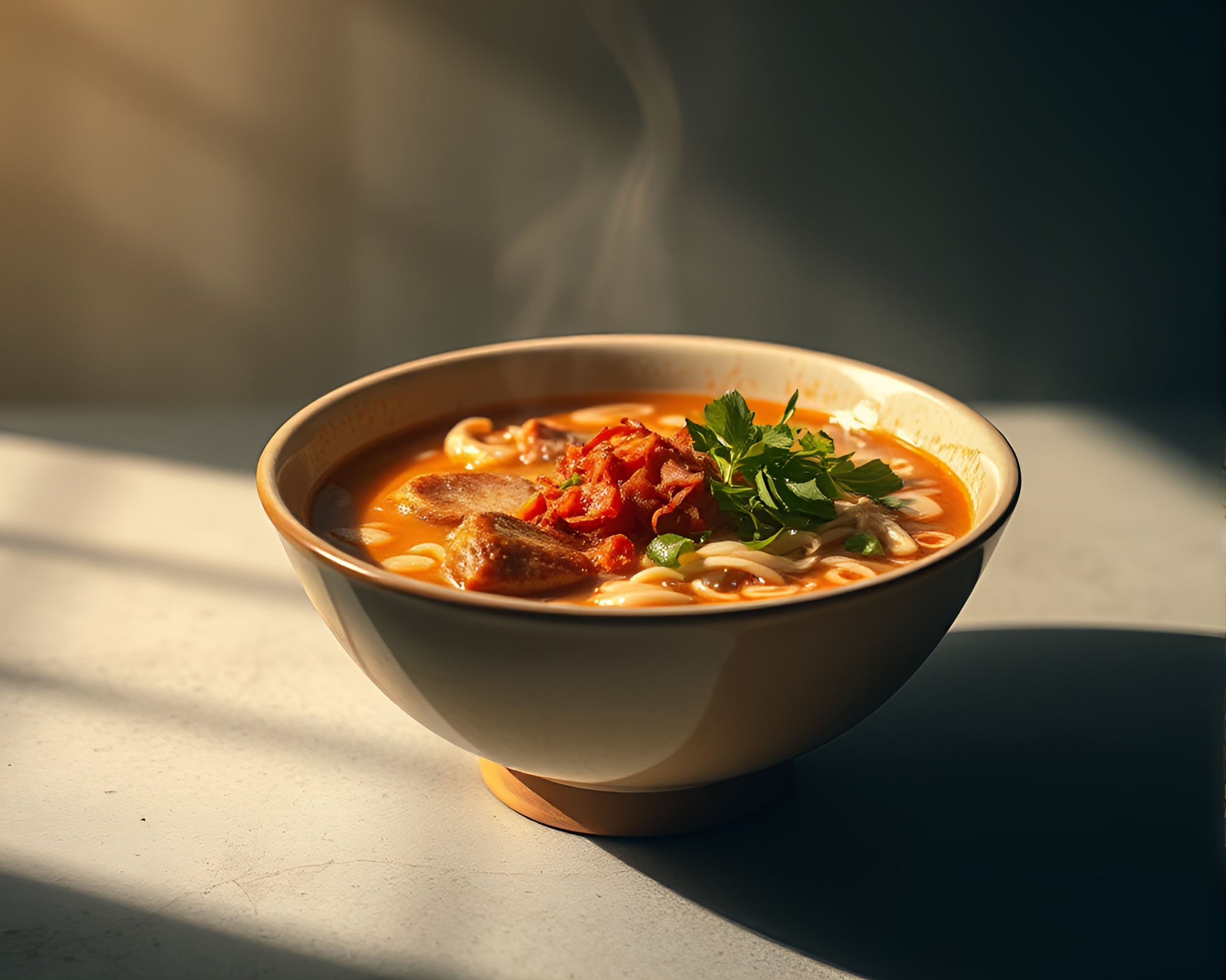 Ambient Ramen Bowl With Scratch Textures and Soft Shadows – free AI stock image