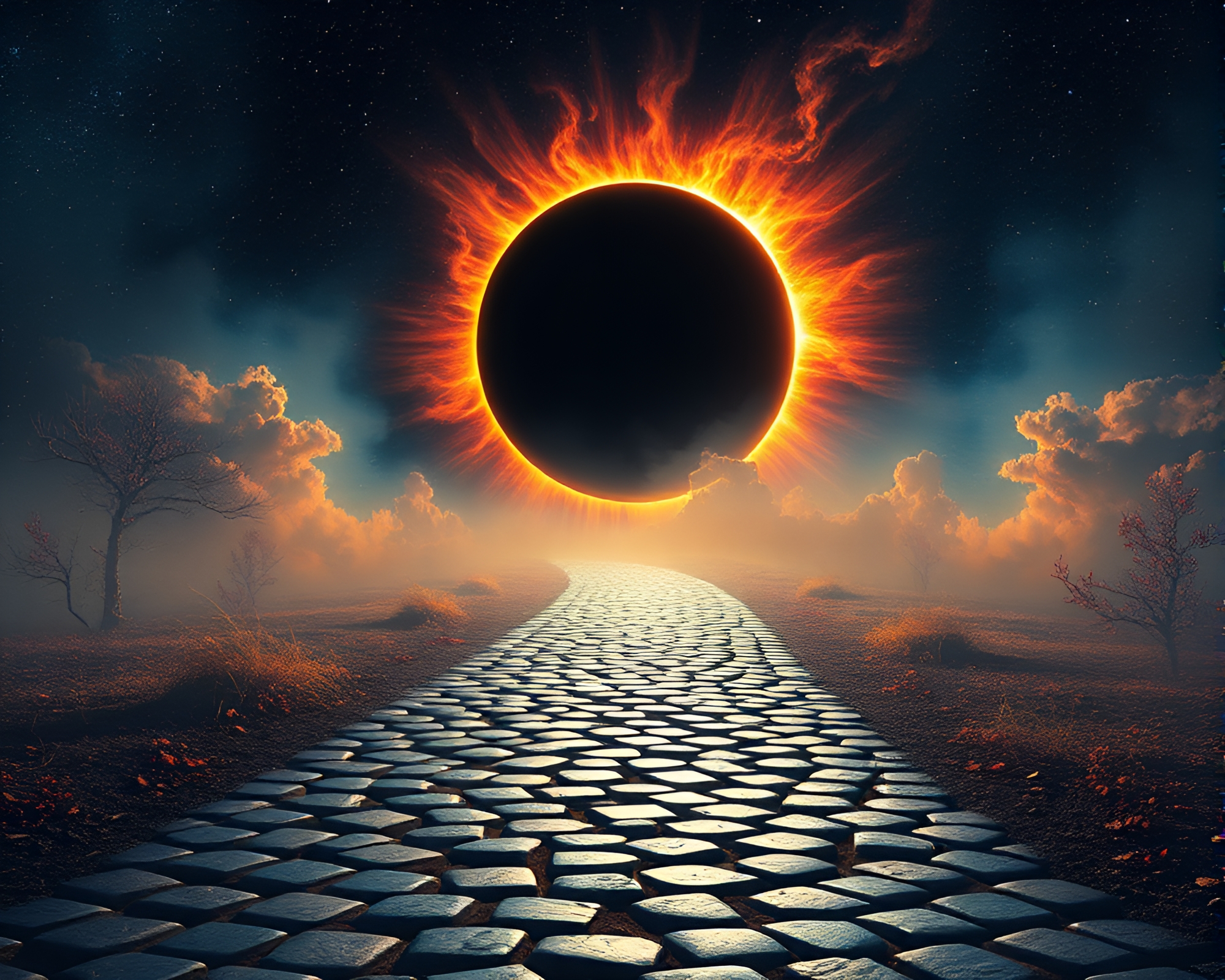 Surreal Eclipse Over Cobblestone Path – free AI stock image