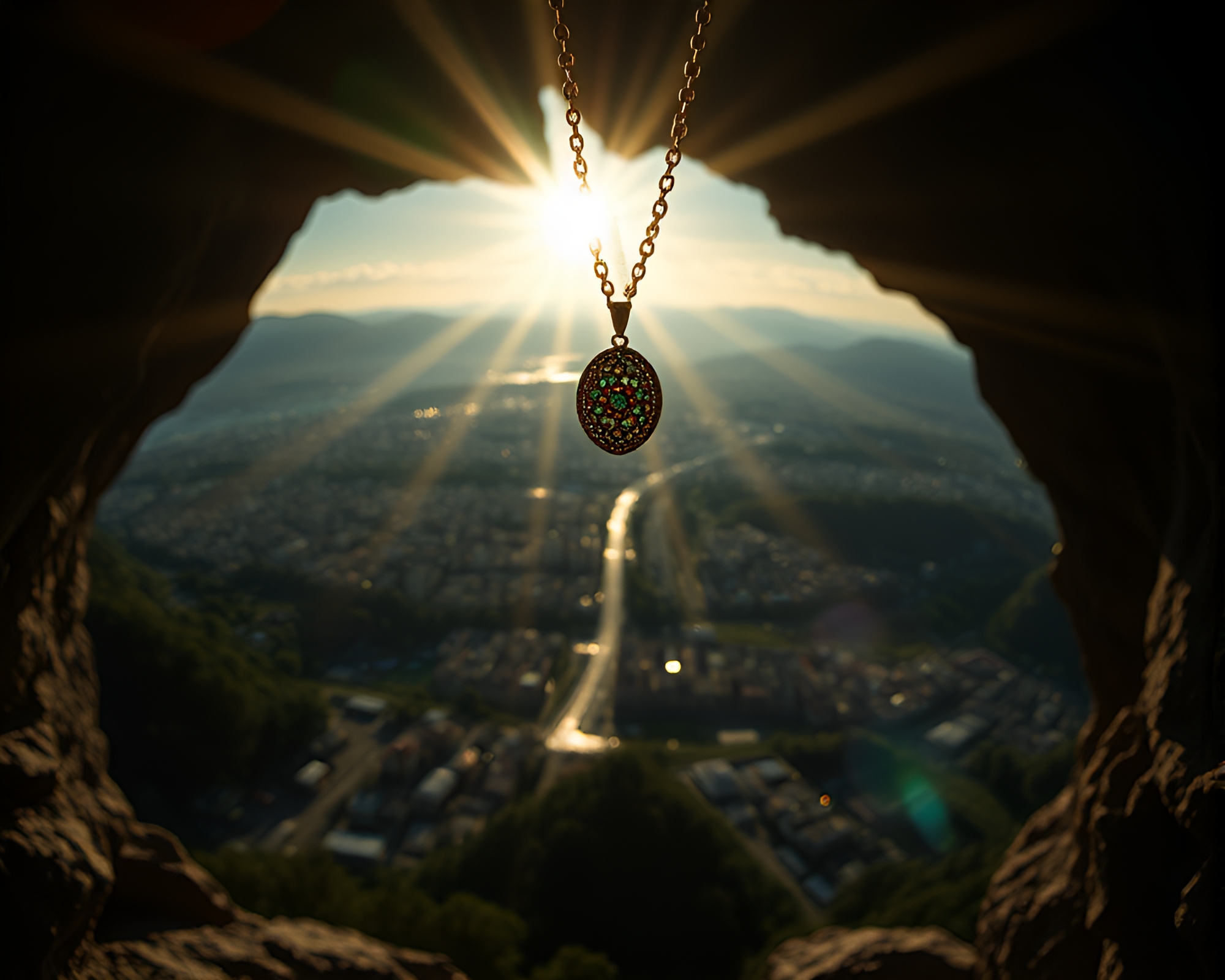 Panoramic Necklace Illuminated by Mosaic Lens Flare – free AI stock image