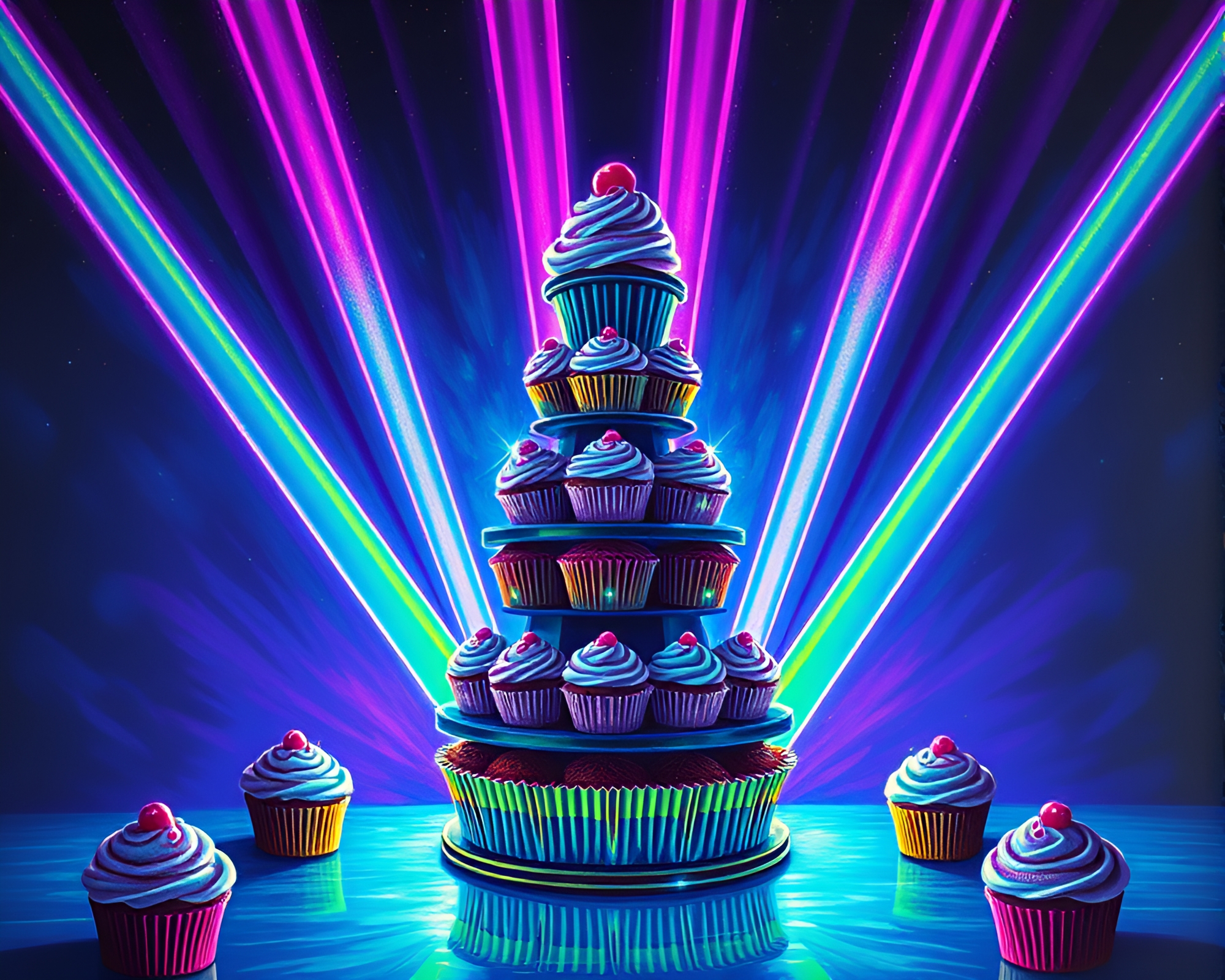 Ultraviolet Cupcake Tower Illuminated by Laser Beams – free AI stock image