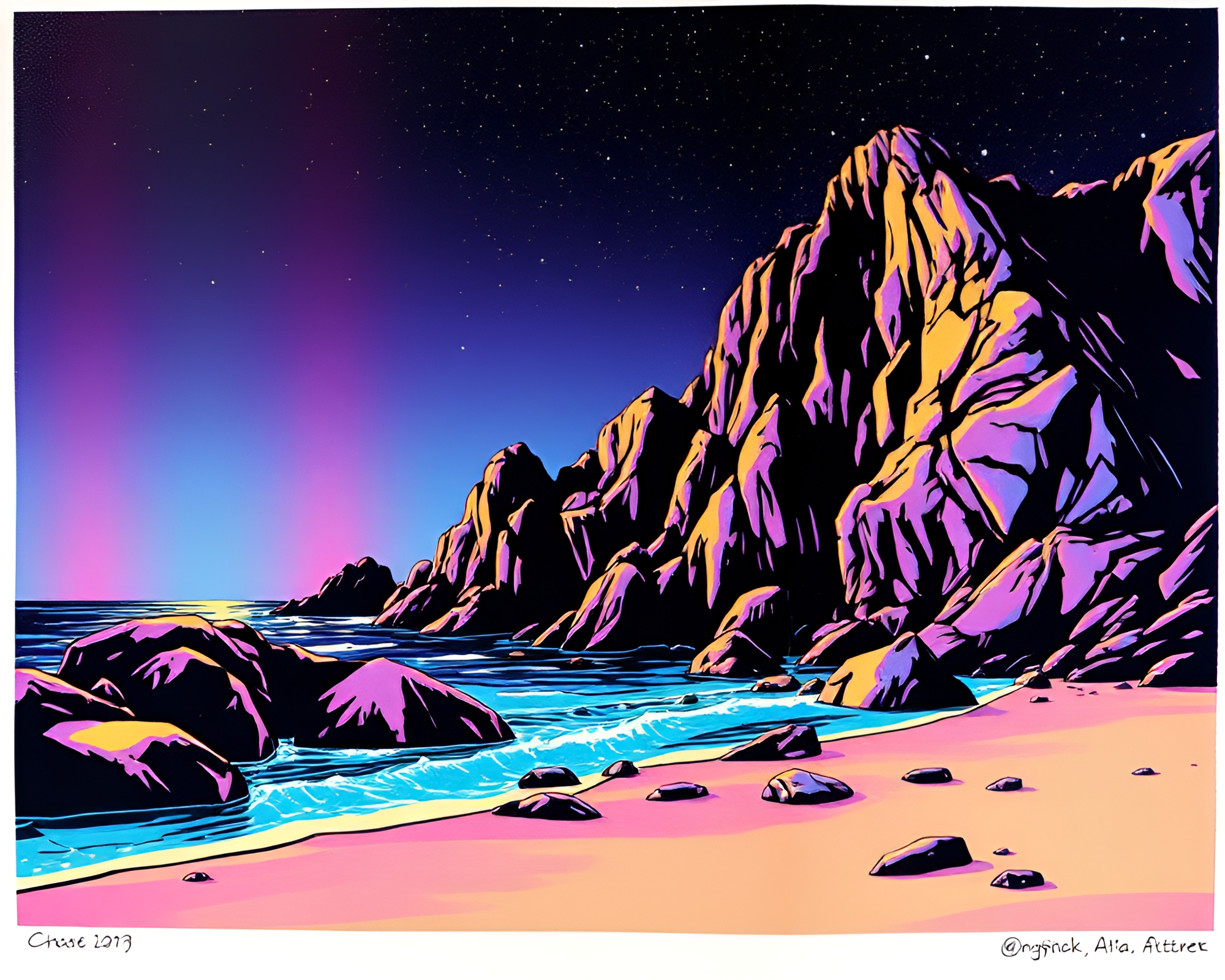 Neon Rocky Coastline Reflecting Soap Film Iridescence – free AI stock image
