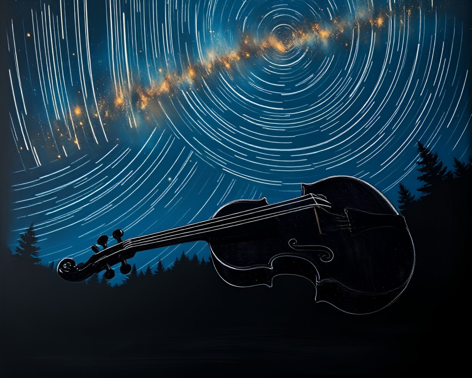 Chalkboard drawing of violin under evening star trails