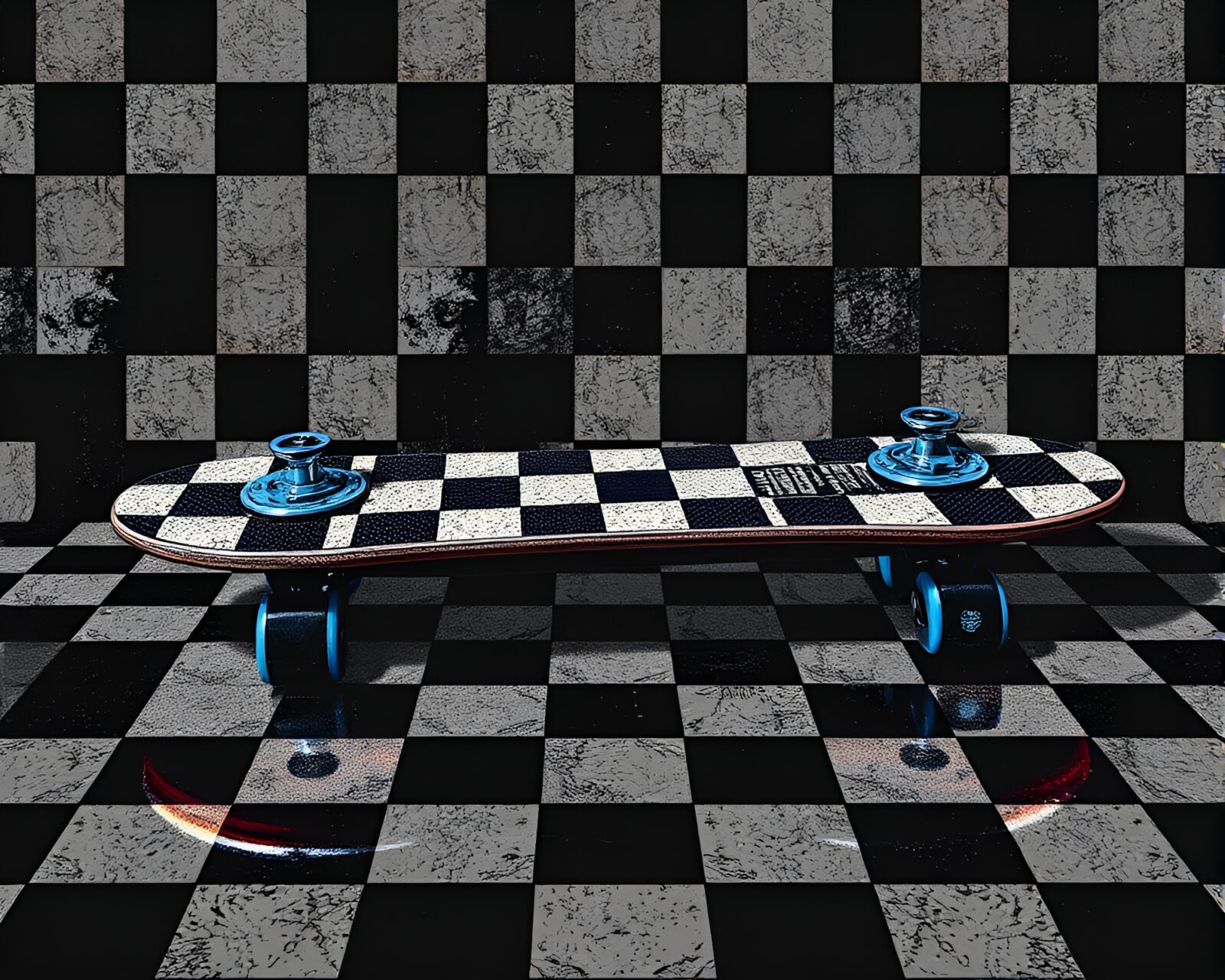 Retro-futuristic hoverboard rider in edgy checkered landscape
