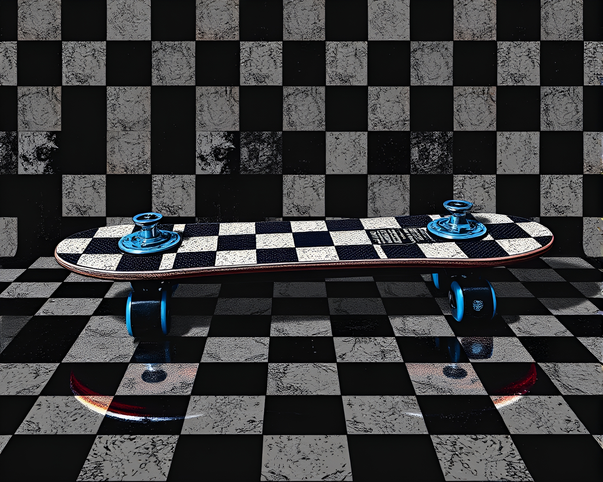 Checkered Hoverboard Adventure in 90s Grunge Style – free AI stock image