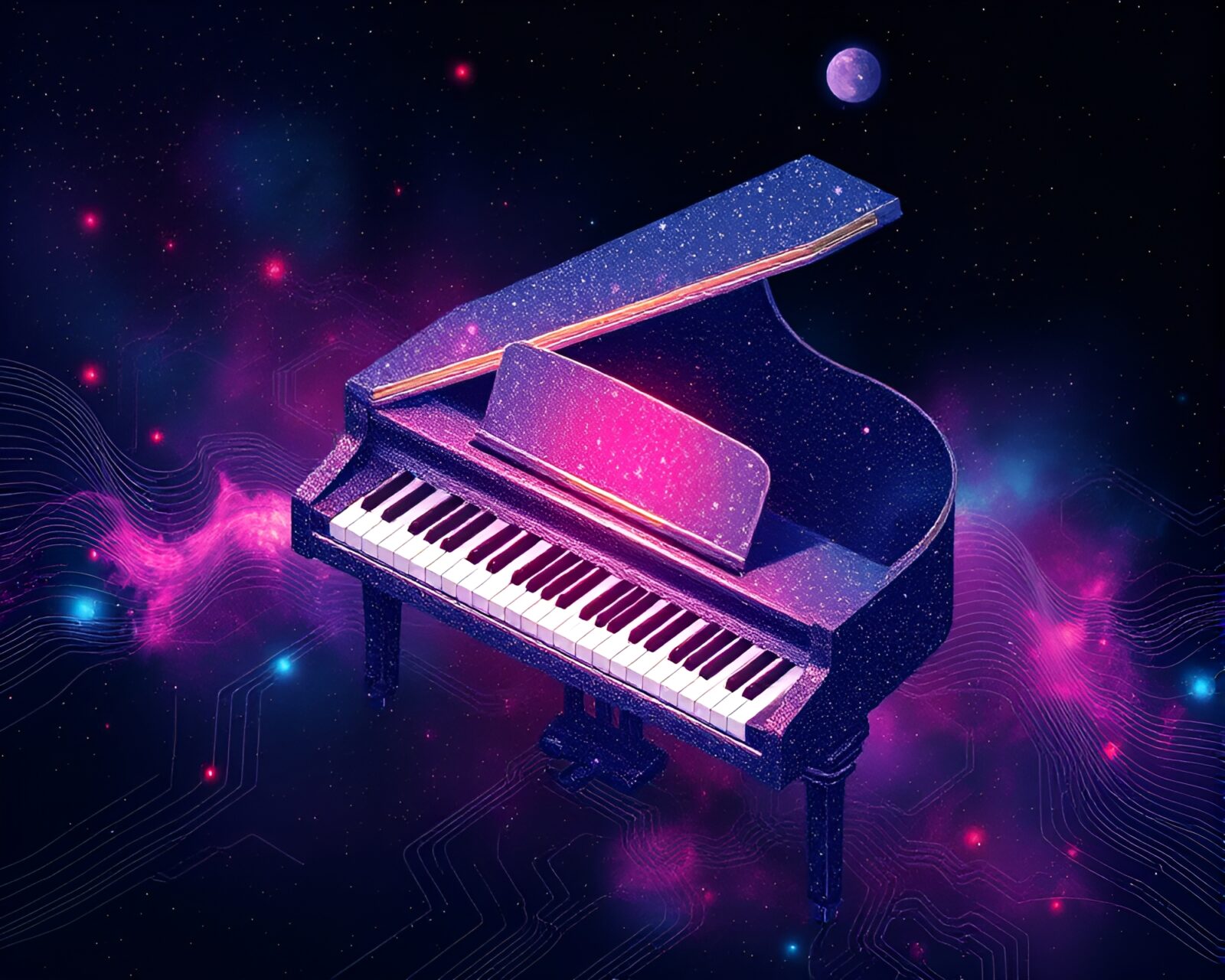 Isometric piano floating in cosmic nebula hues with scan lines